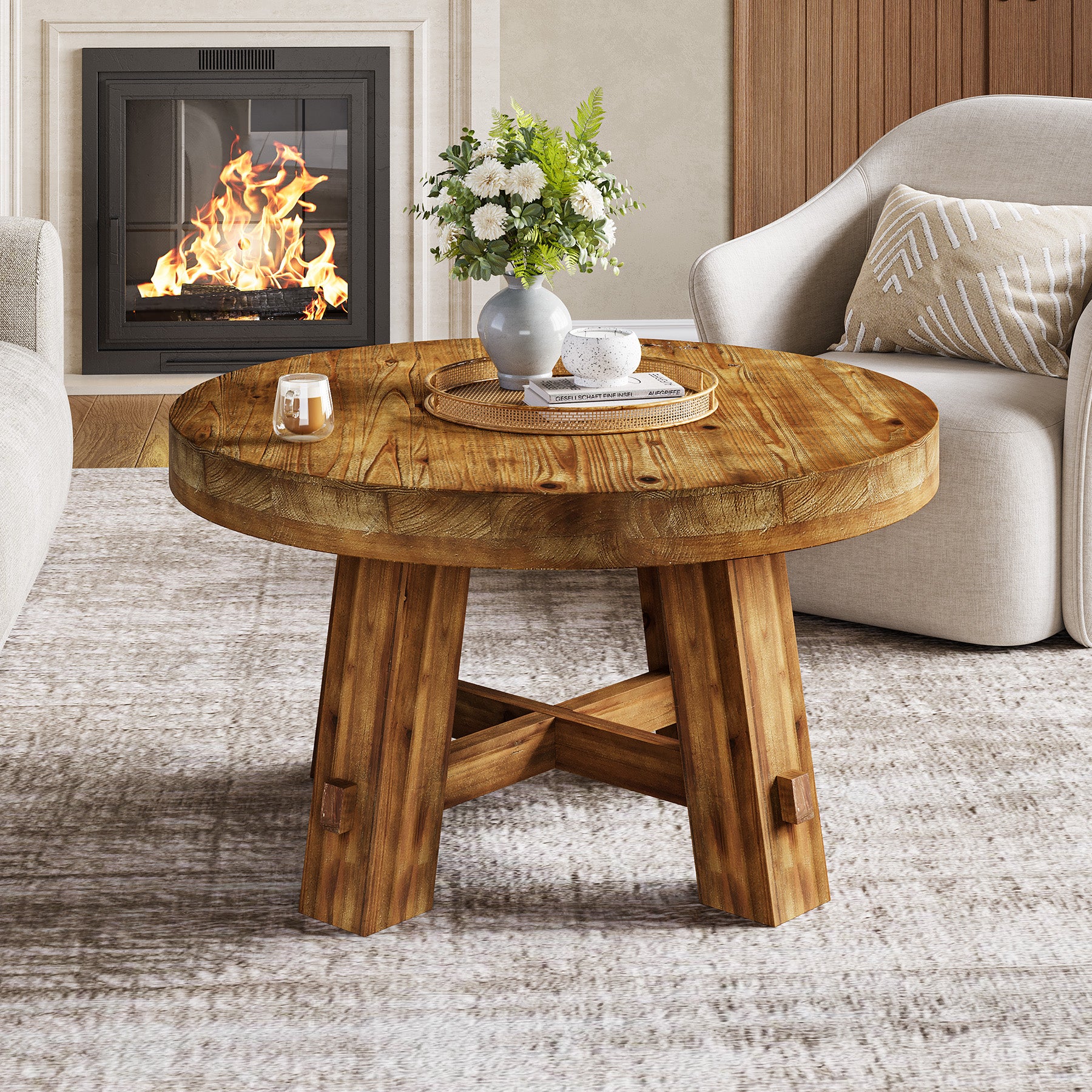 Solid Wood Coffee Table, 31.5" Round Center Table with Thickened Tabletop