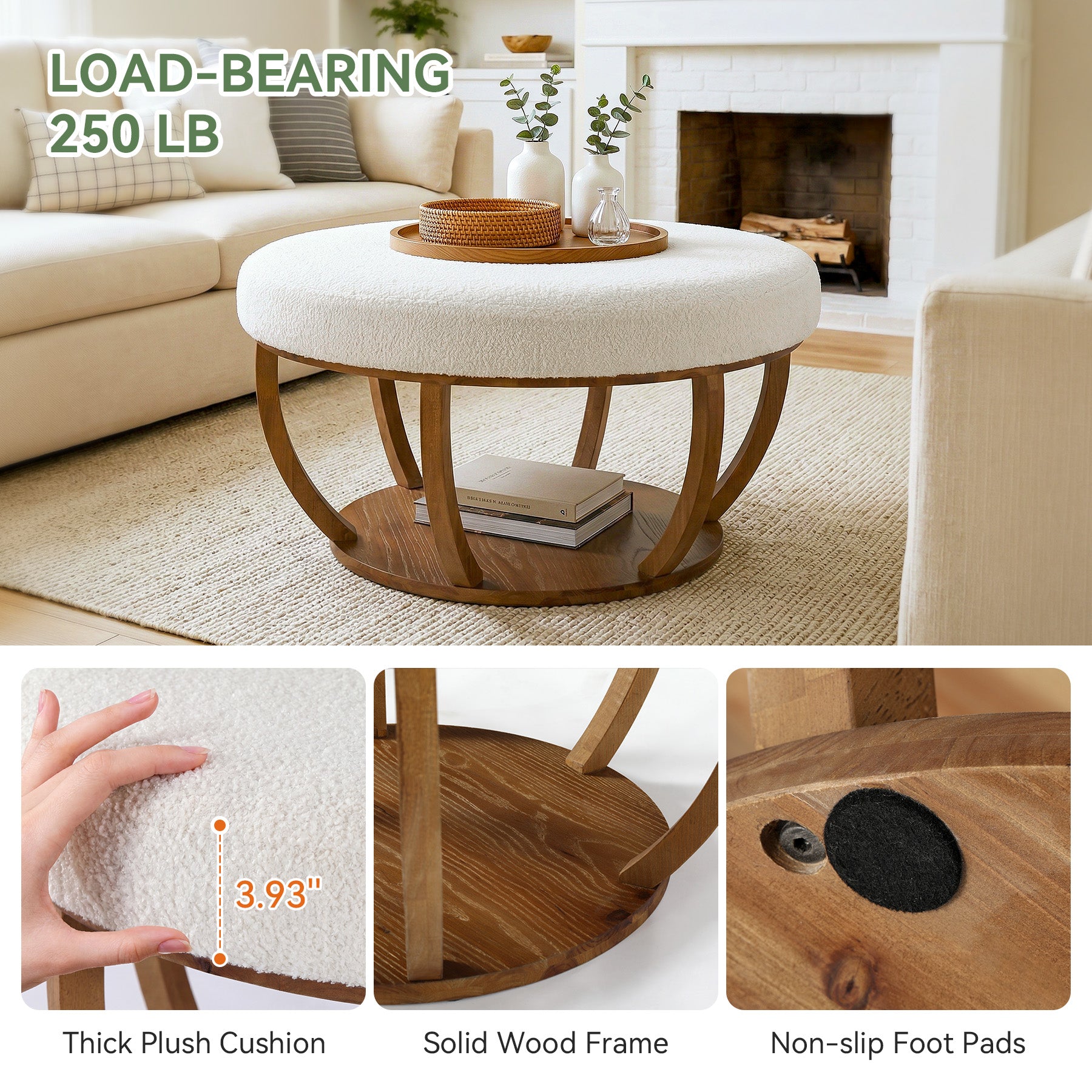 31.5" Round Coffee Table, Modern Footrest Ottoman Center Table with Solid Wood Frame