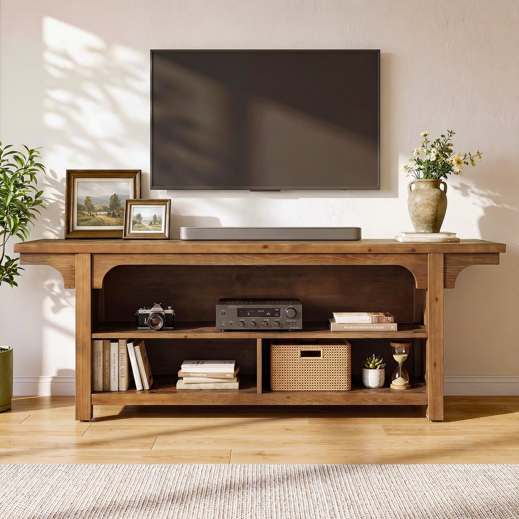 63" Solid Wood TV Stand for 55/65/70"TVs, Farmhouse Entertainment Center with 3 Storage