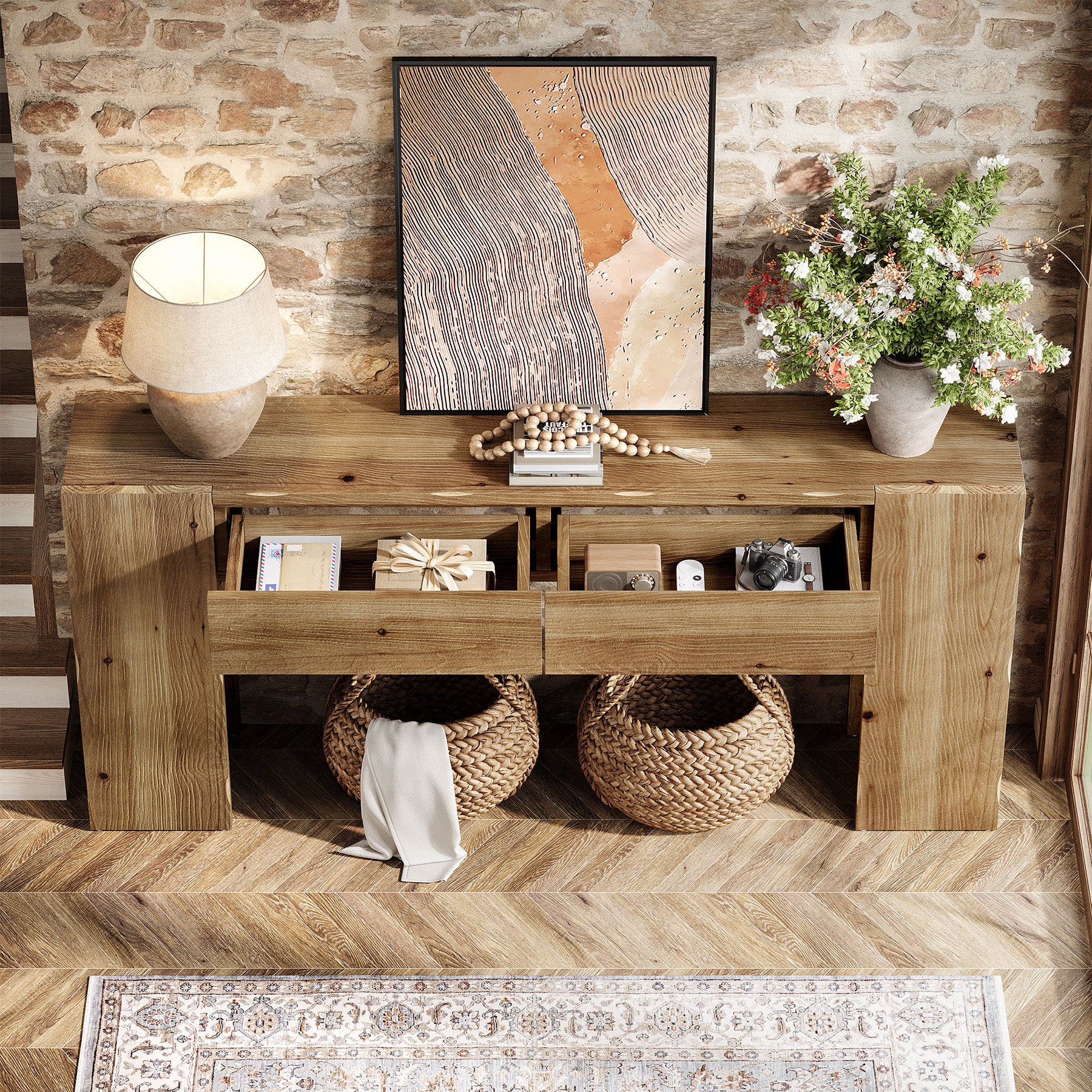 63" Solid Wood Console Table with Drawers, Narrow Entryway Sofa Table for Hallway & Living Room