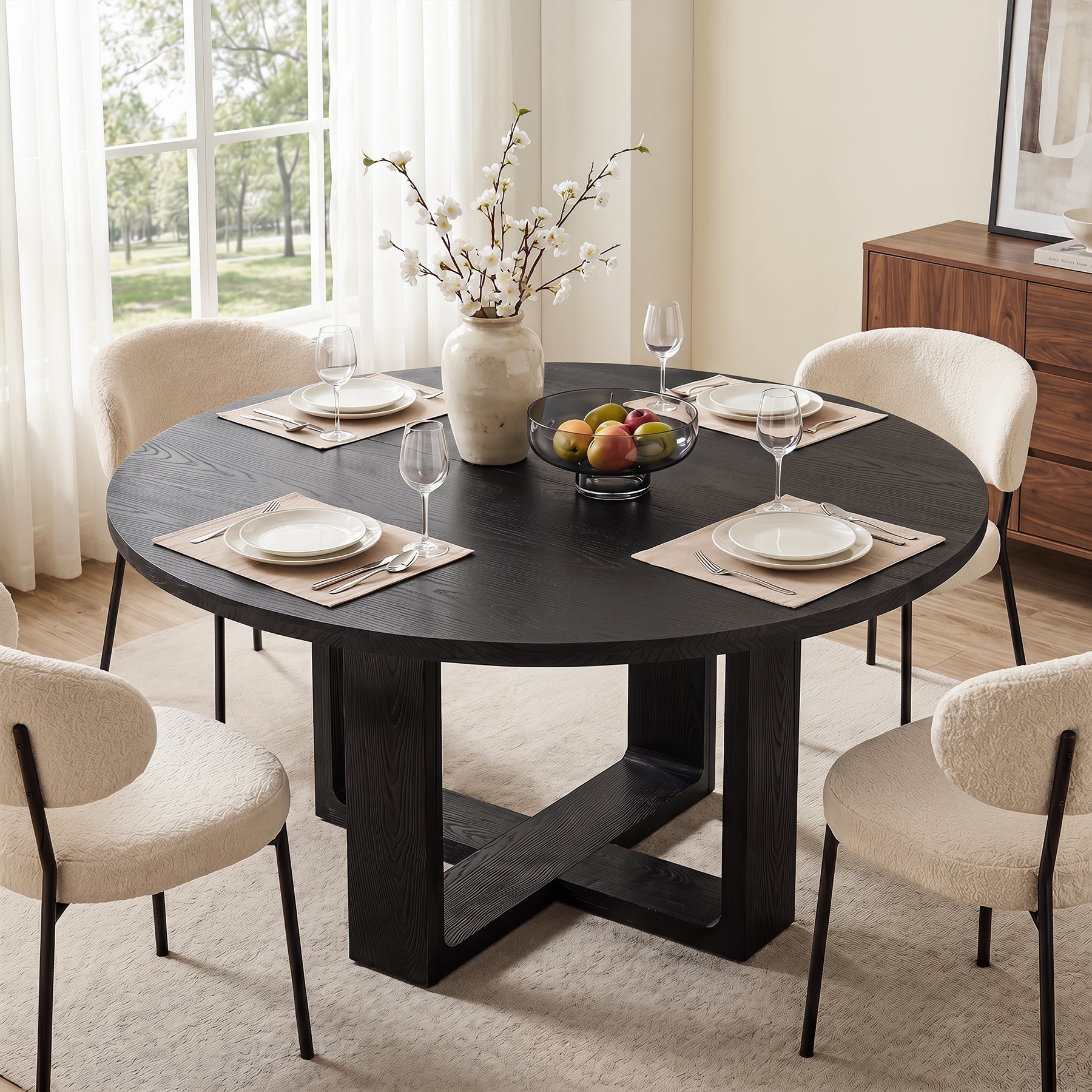 47.24" Round Solid Wood Dining Table, Black Kitchen Table for 4–6 with Cross-Shaped Base
