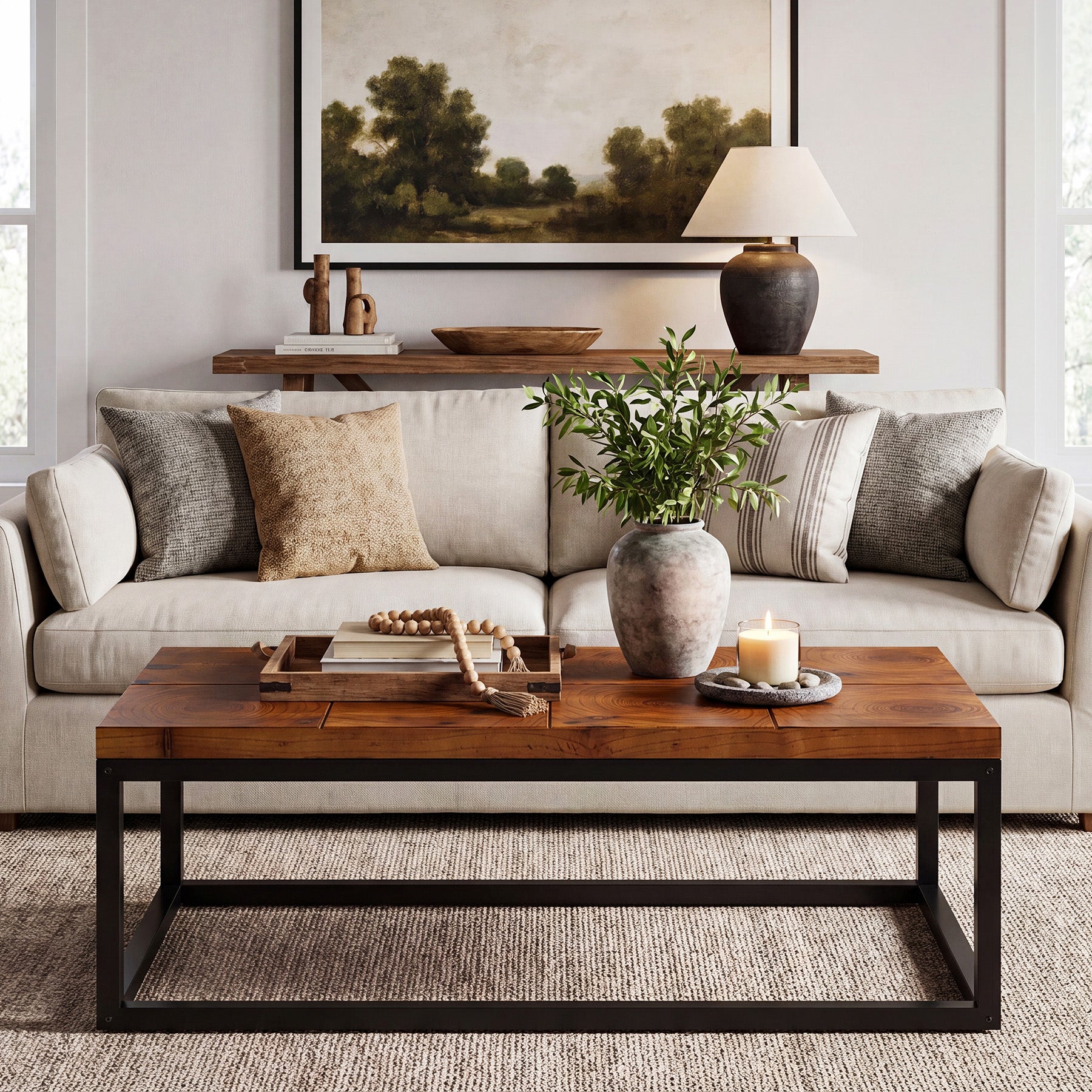 47" Rectangle Coffee Table, Solid Wood Industrial Center Table with Metal Frame