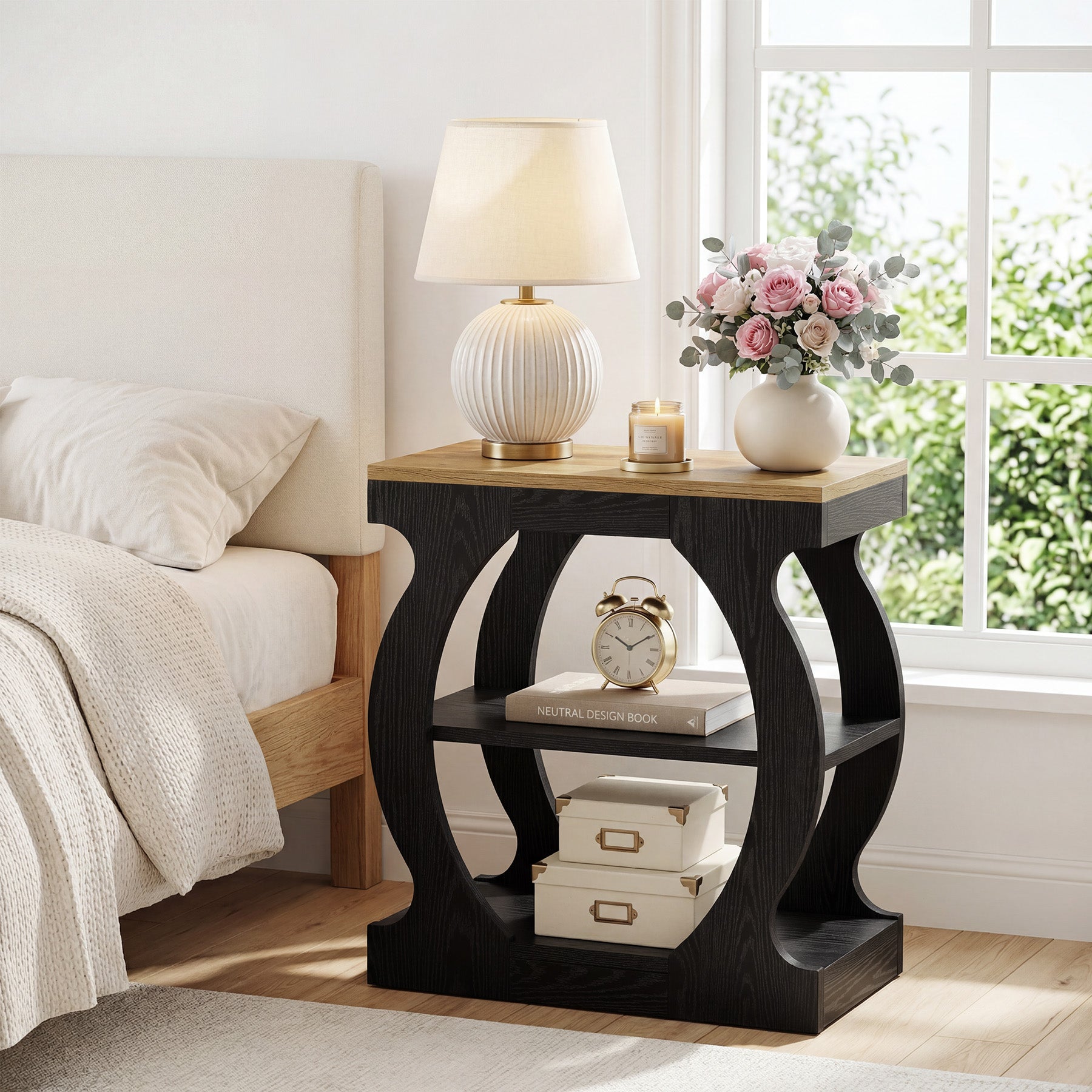 Narrow End Table with 3-Tier Storage Shelves, Bedroom Nightstand for Small Spaces