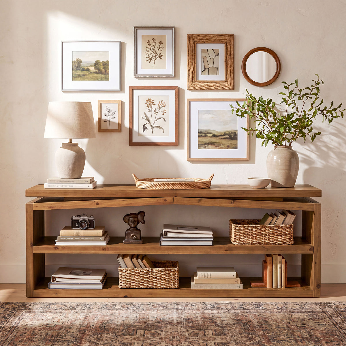 63" Farmhouse Solid Wood Console Table, 3-Tier Entryway Sofa Table with Open Shelves