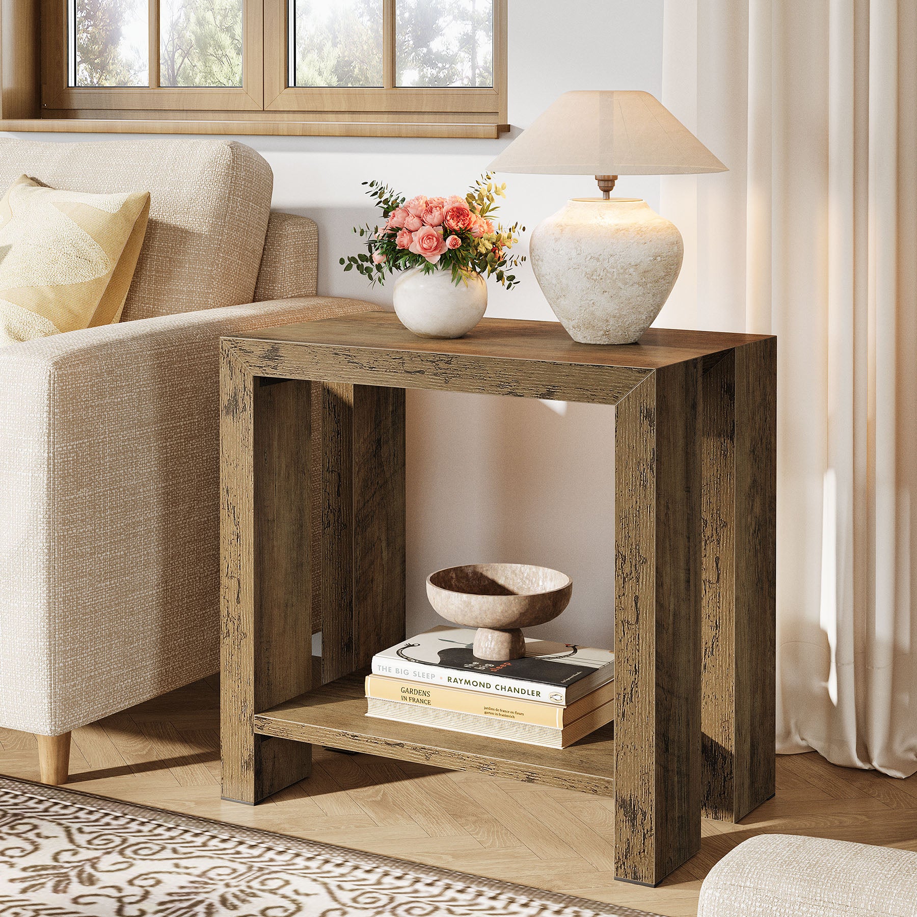 2-Tier End Table, Narrow Side Table Accent Nightstand with Bottom Shelf