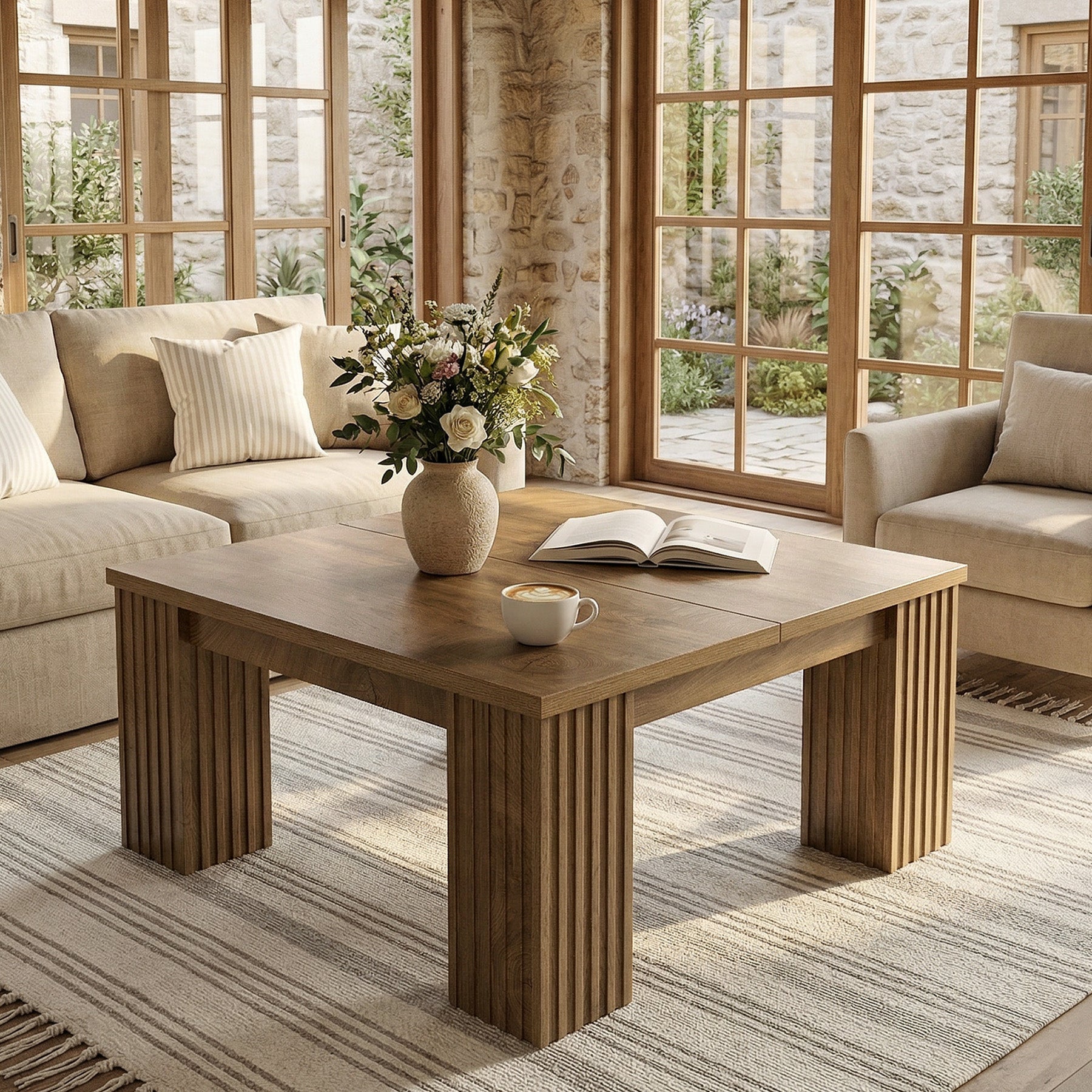 39" Square Coffee Table, Farmhouse Center Table with Fluted Legs