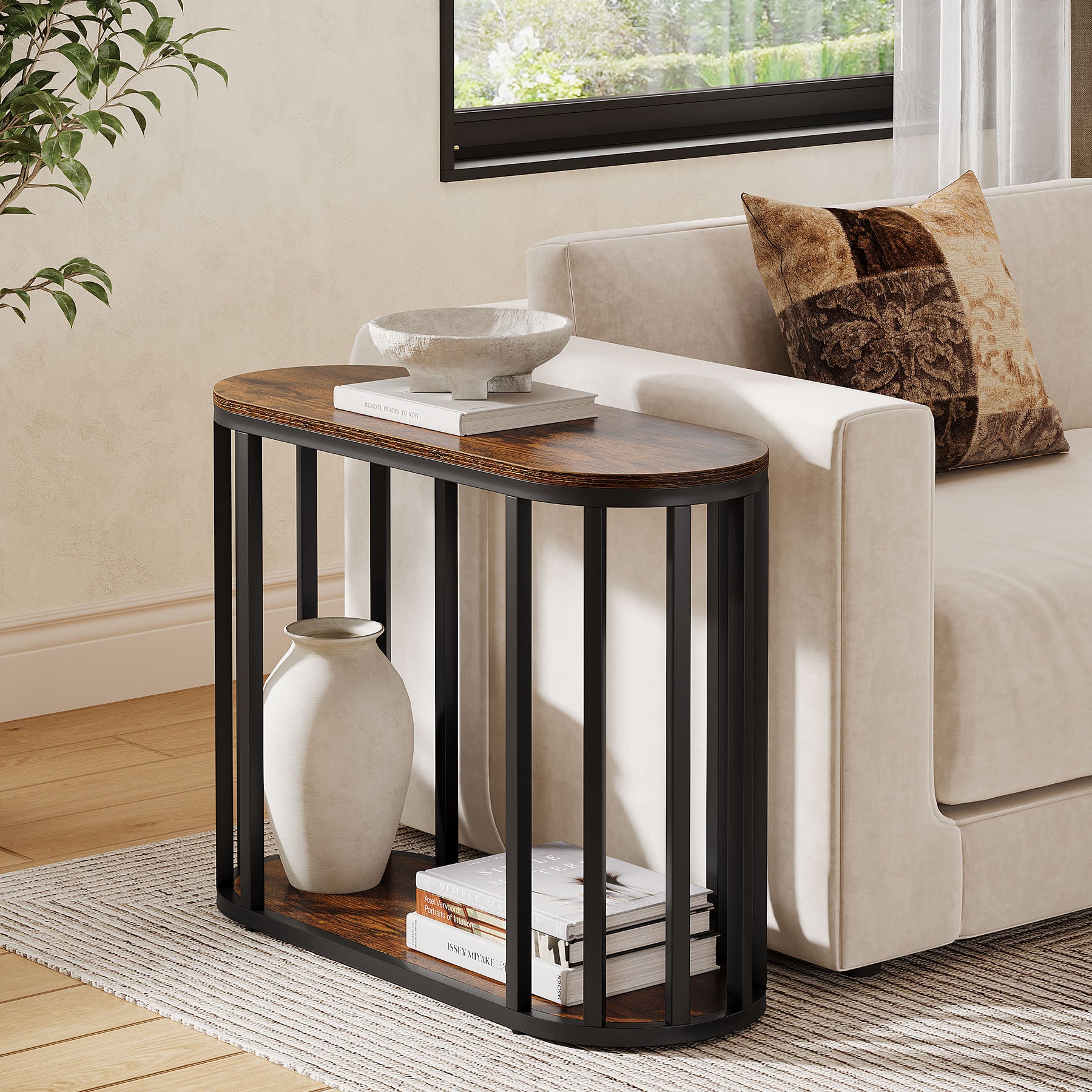 Narrow End Table with Storage, 2-Tier Industrial Side Table with Metal Frame