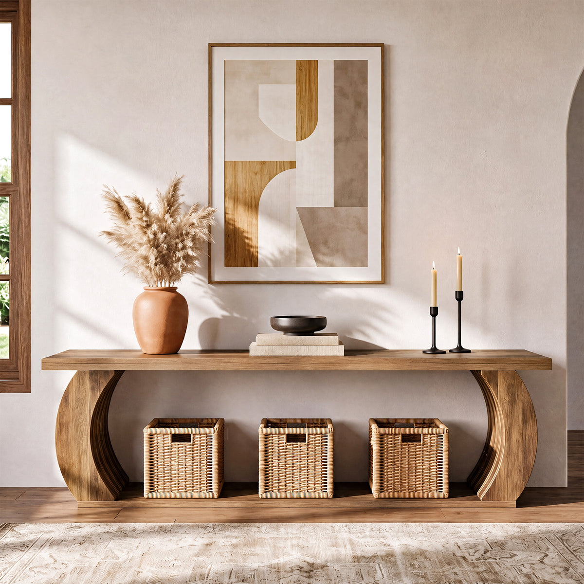 63" Farmhouse Entryway Bench with Shoe Storage, 2-Tier Hollow Legs