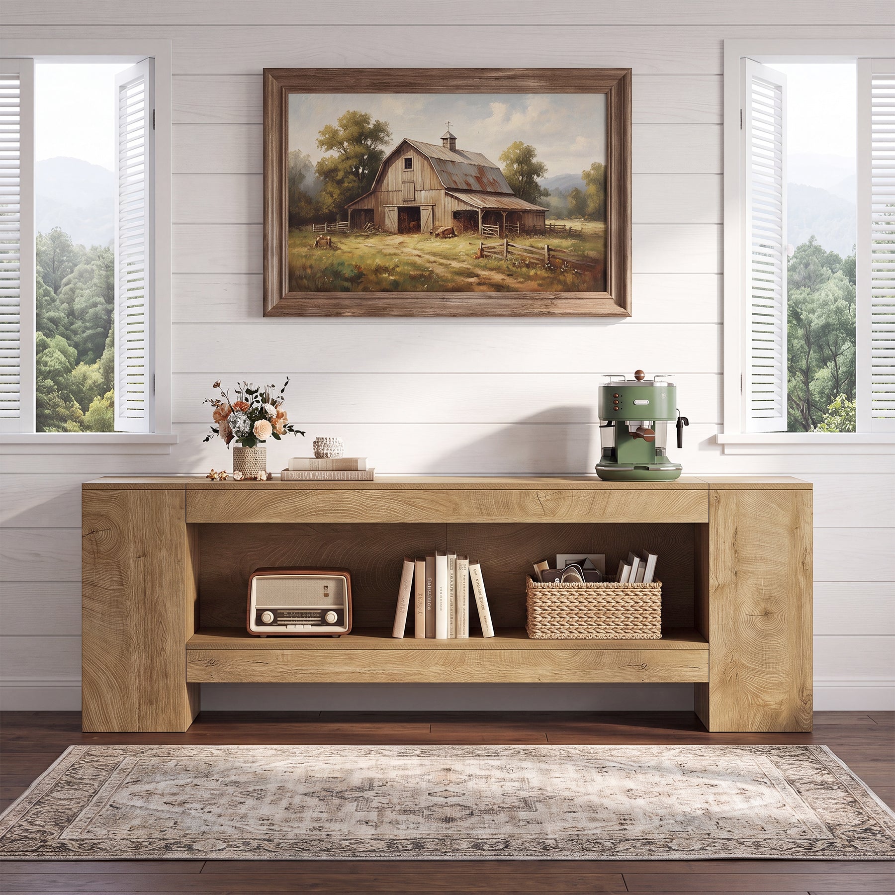 82.6" TV Stand, Farmhouse Entertainment Center with LED Light for up to 85" TV
