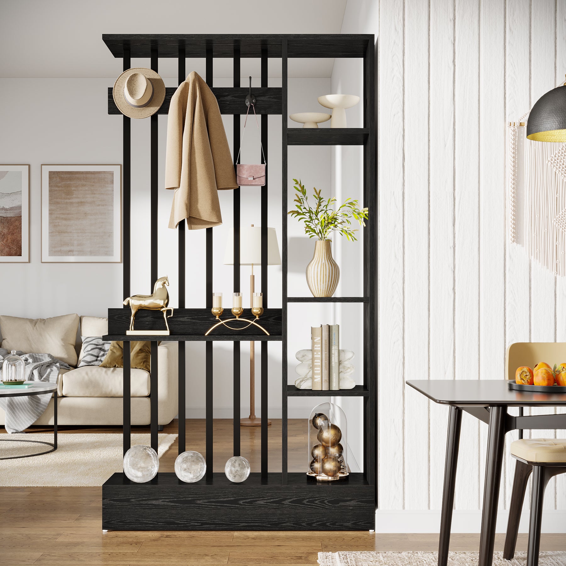 71" Wall Room Divider, Wood Freestanding Wall Partition Bookcase with Coat Hooks