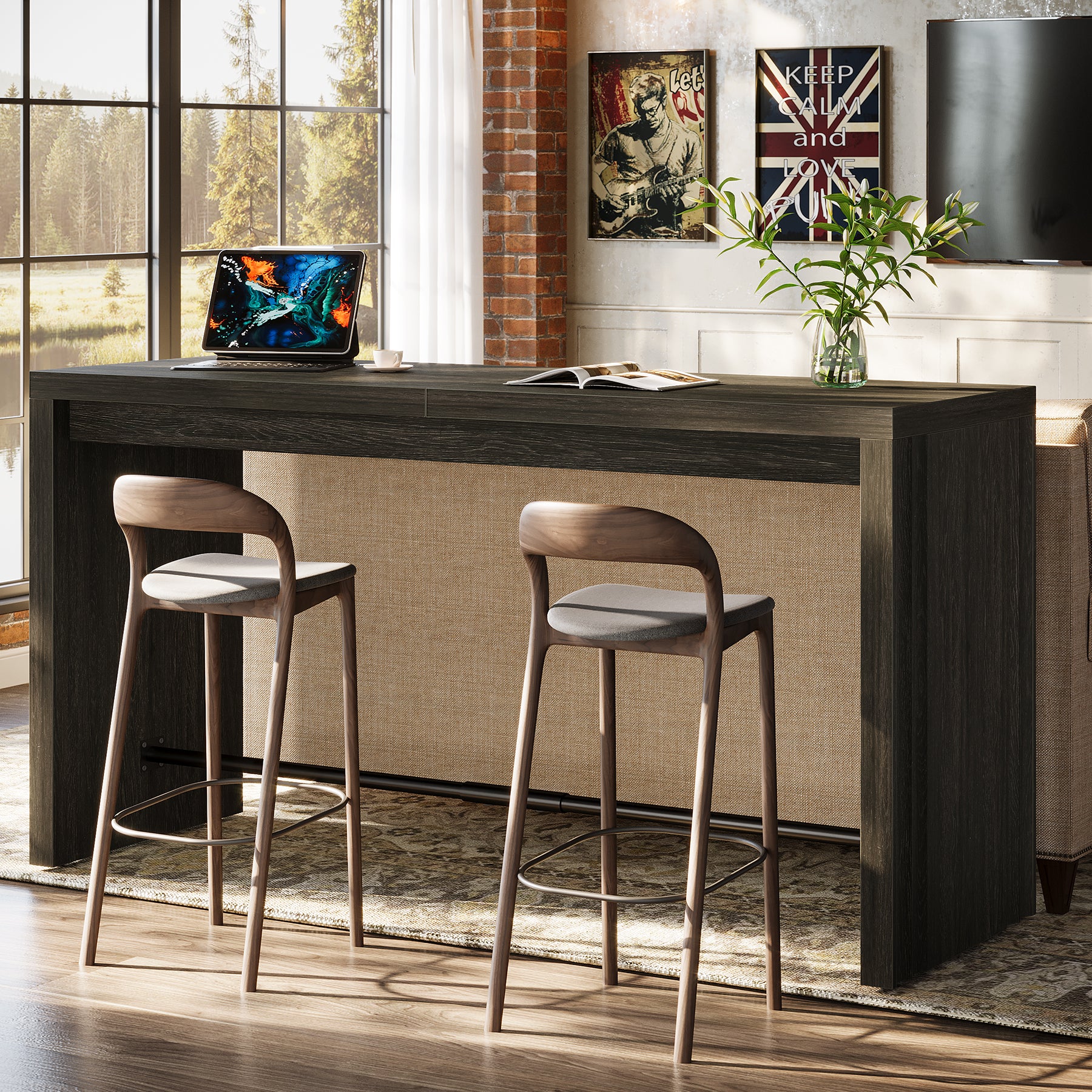 63" Bar Table, Rectangular Counter Height Pub Table with Metal Footrest