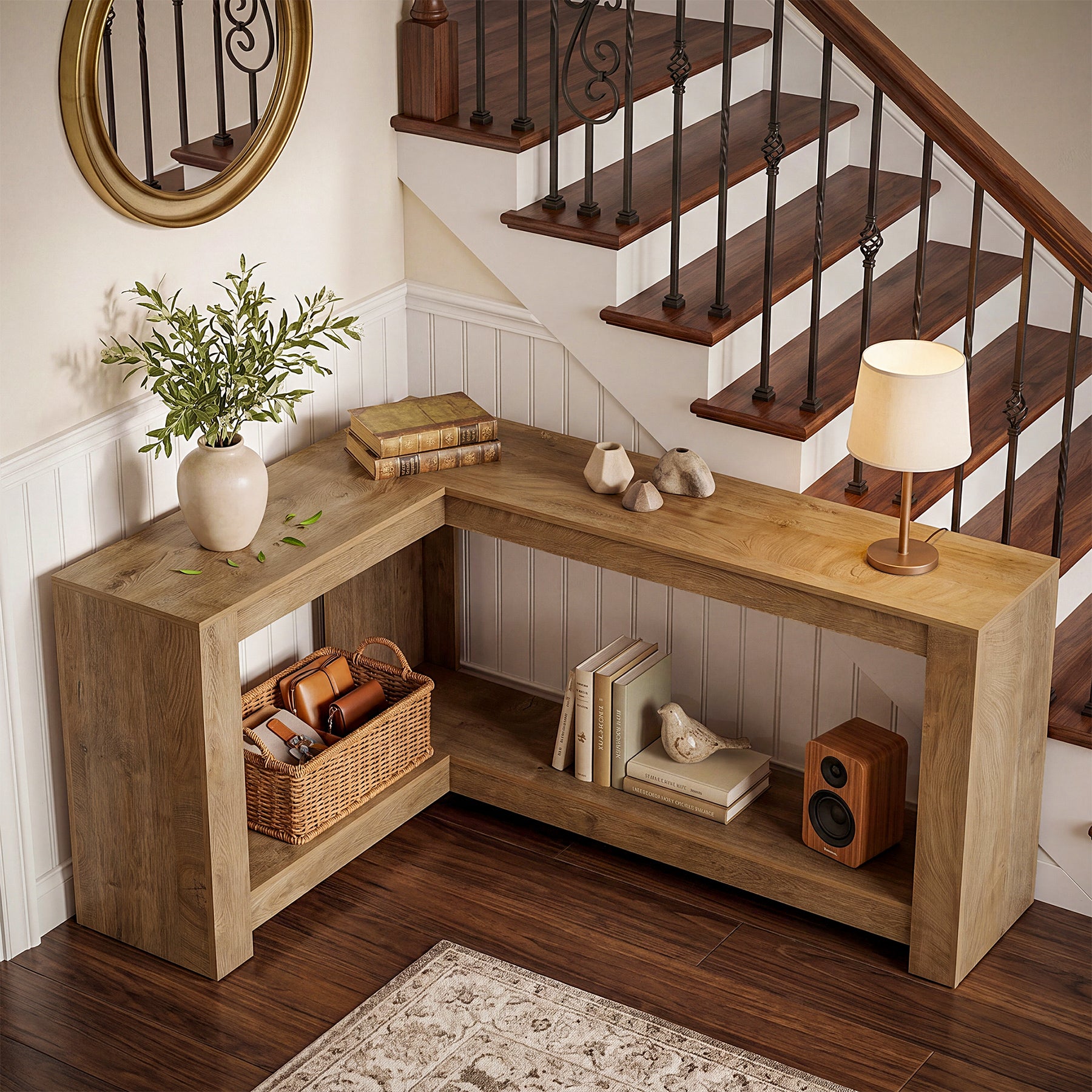 63" L-Shaped Sofa Table for Behind Couch, 2-Tier Storage Shelf for Living Room or Entryway Corner