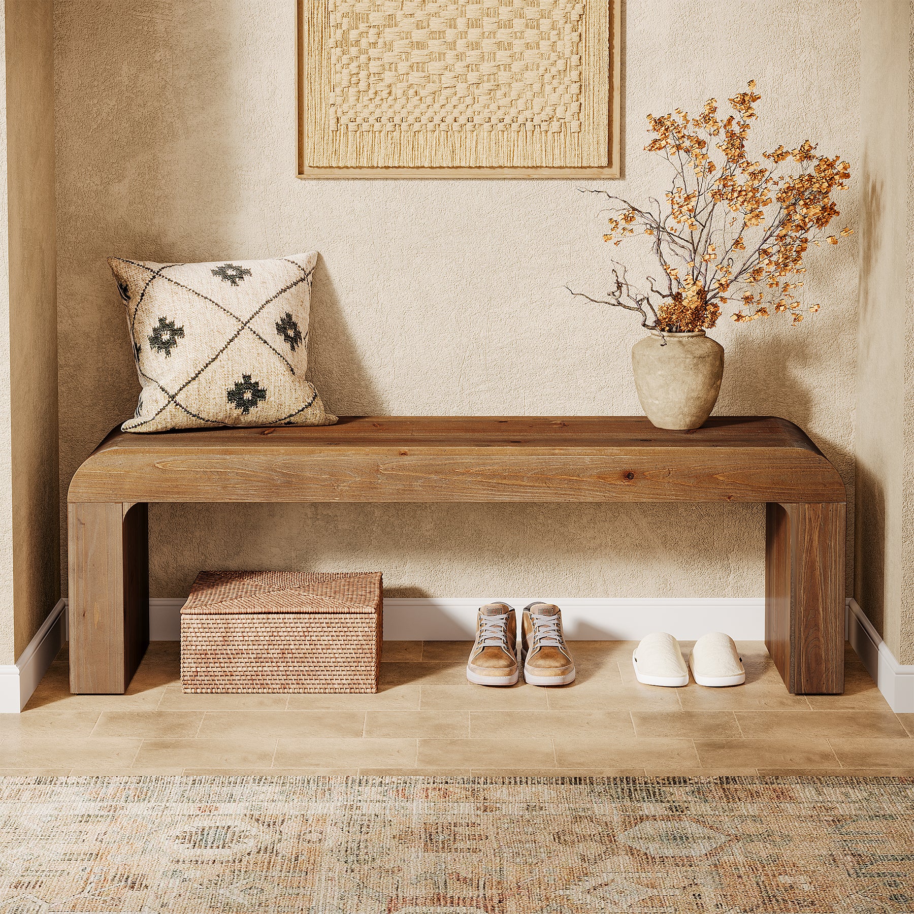 55" Modern Dining Bench, Solid Wood Entryway Bench with Thick Block Seat