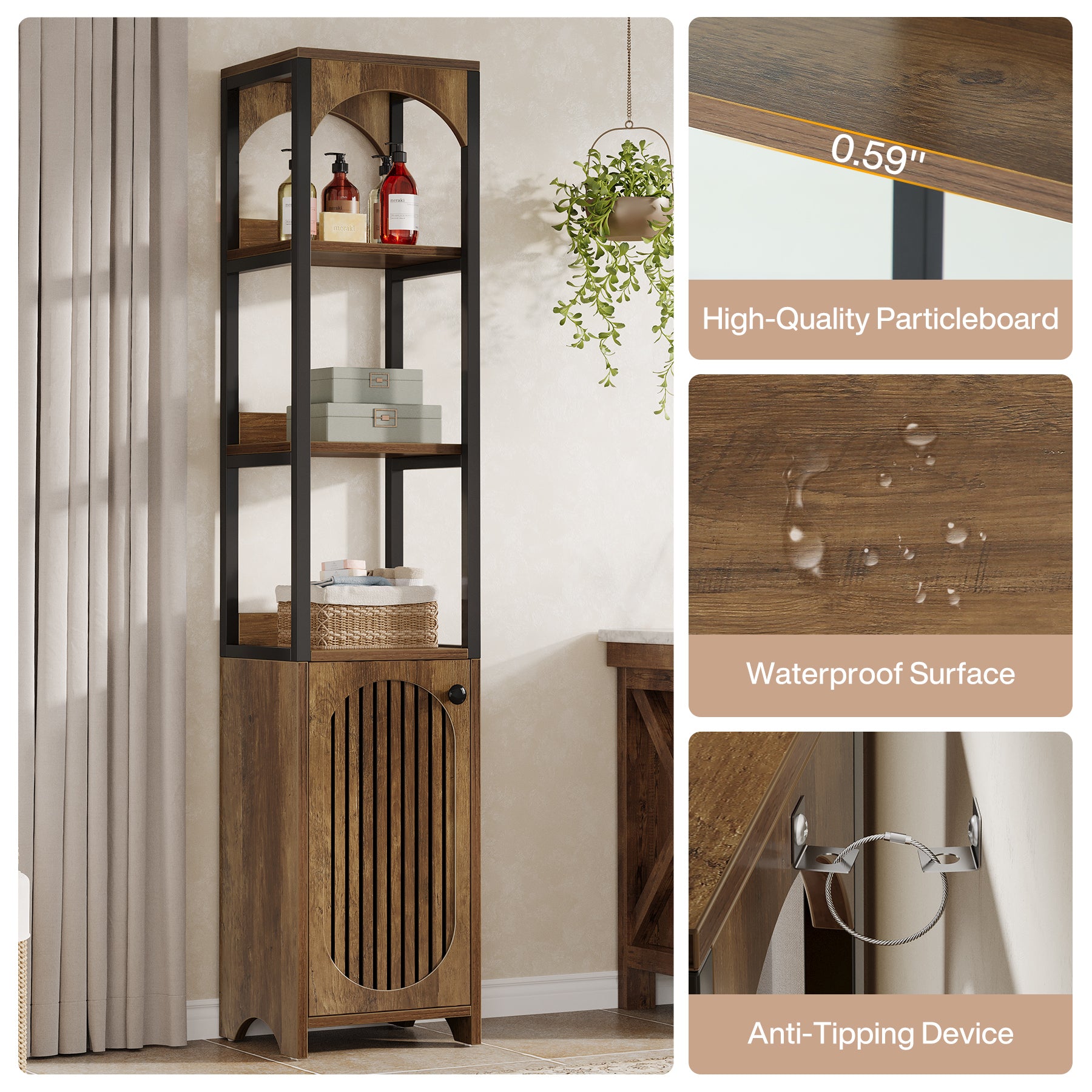 71.6" Bookshelf with Cabinet, Narrow Bookcase with Open Storage Shelves