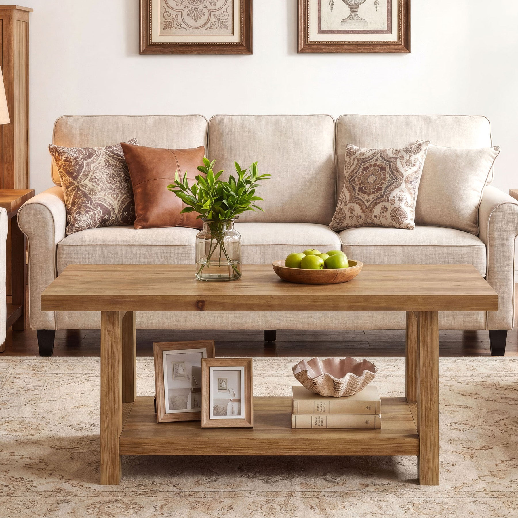 Solid Wood Coffee Table, 2-Tier Rectangle Center Table with Lower Storage Shelf