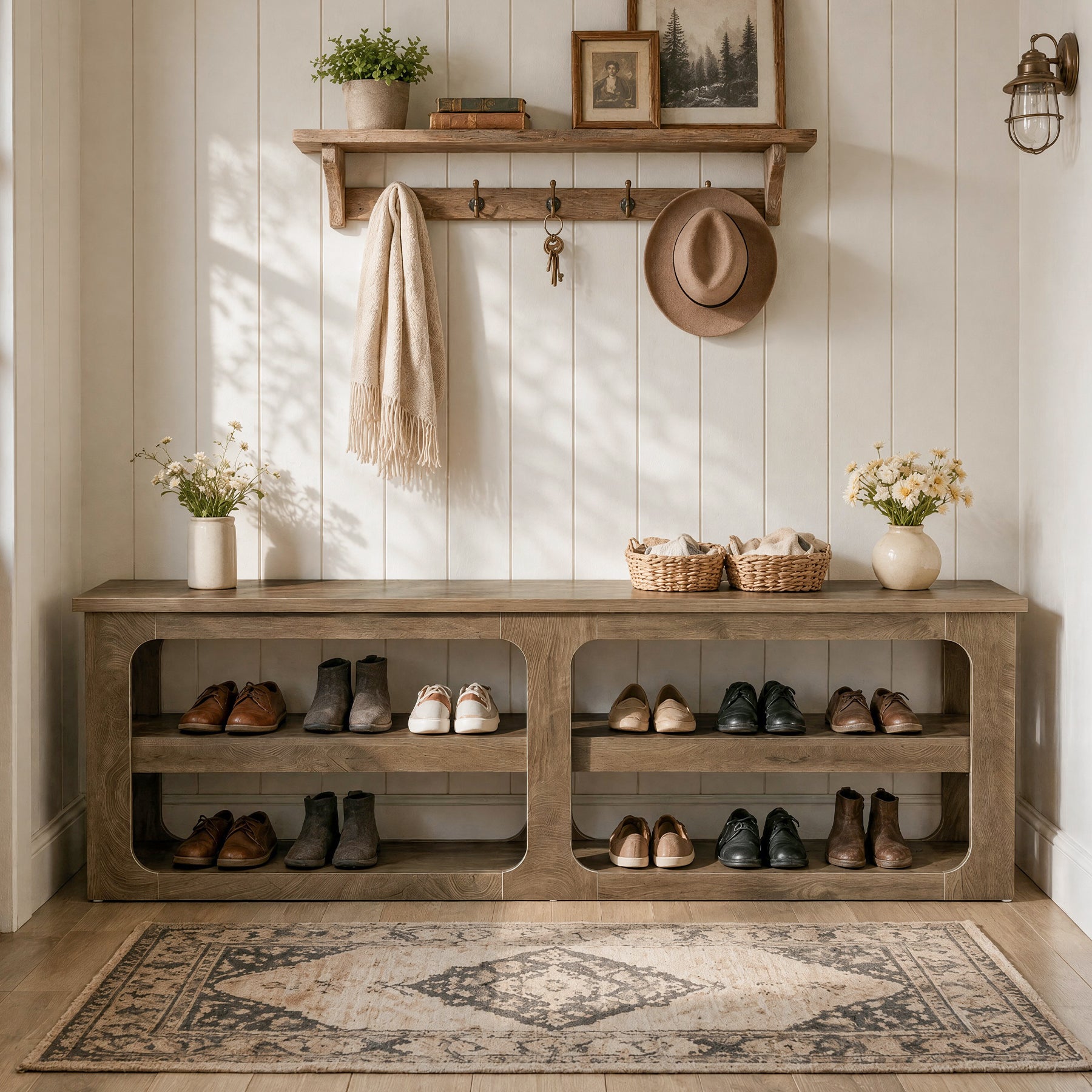 70.87” Entryway with 3-Tier Storage Shelves, Farmhouse Shoe Bench for Hallway