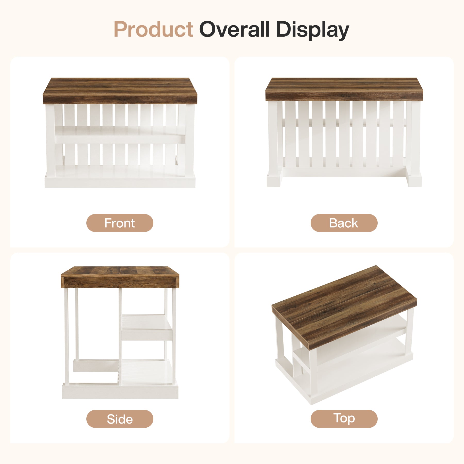 55-Inch Kitchen Island with Storage, Farmhouse Freestanding Island Table