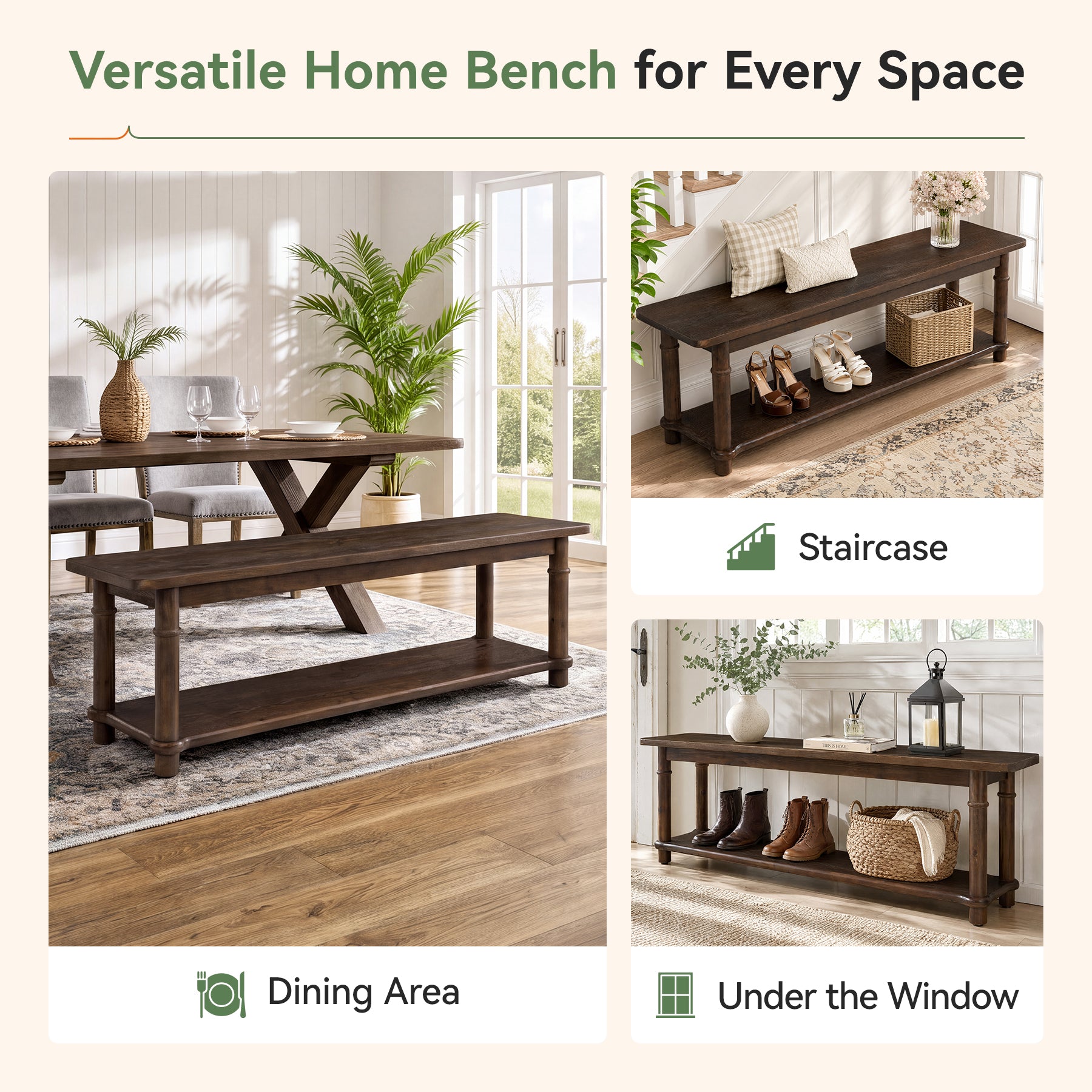 55" Farmhouse Dining Bench, Solid Wood 2-Tier, Kitchen Bench, Dining Room