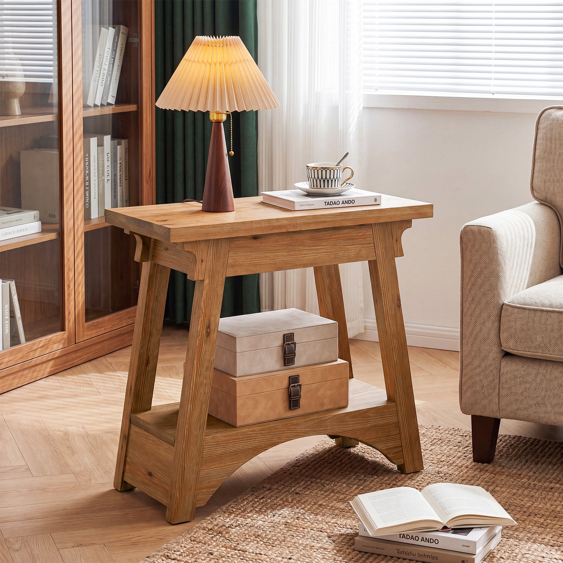 24.4" Solid Wood End Table, Narrow Farmhouse Nightstand for Small Spaces
