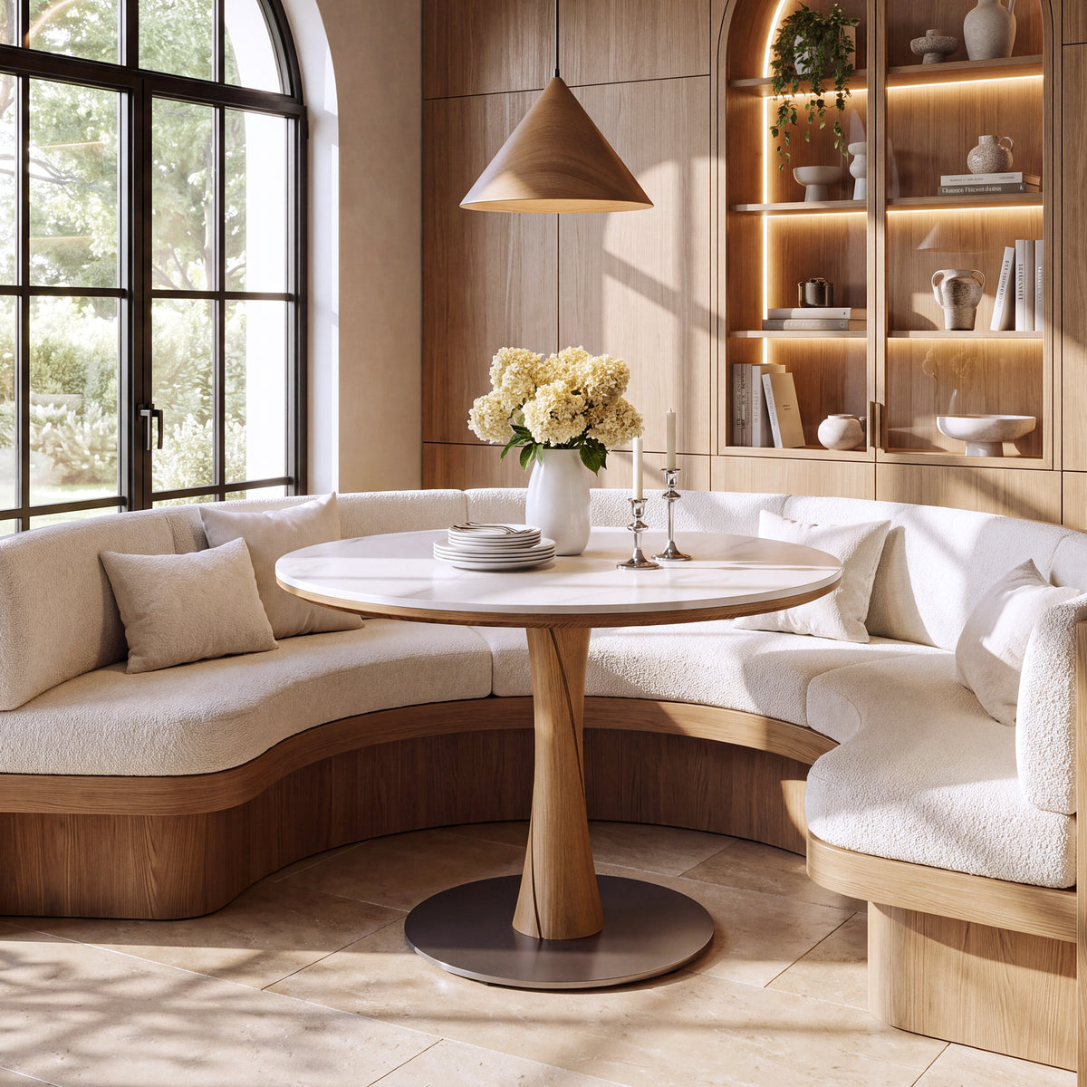 35" Round Dining Table for 2-4, Sintered Stone Top, Rubberwood Pillar & Steel Base