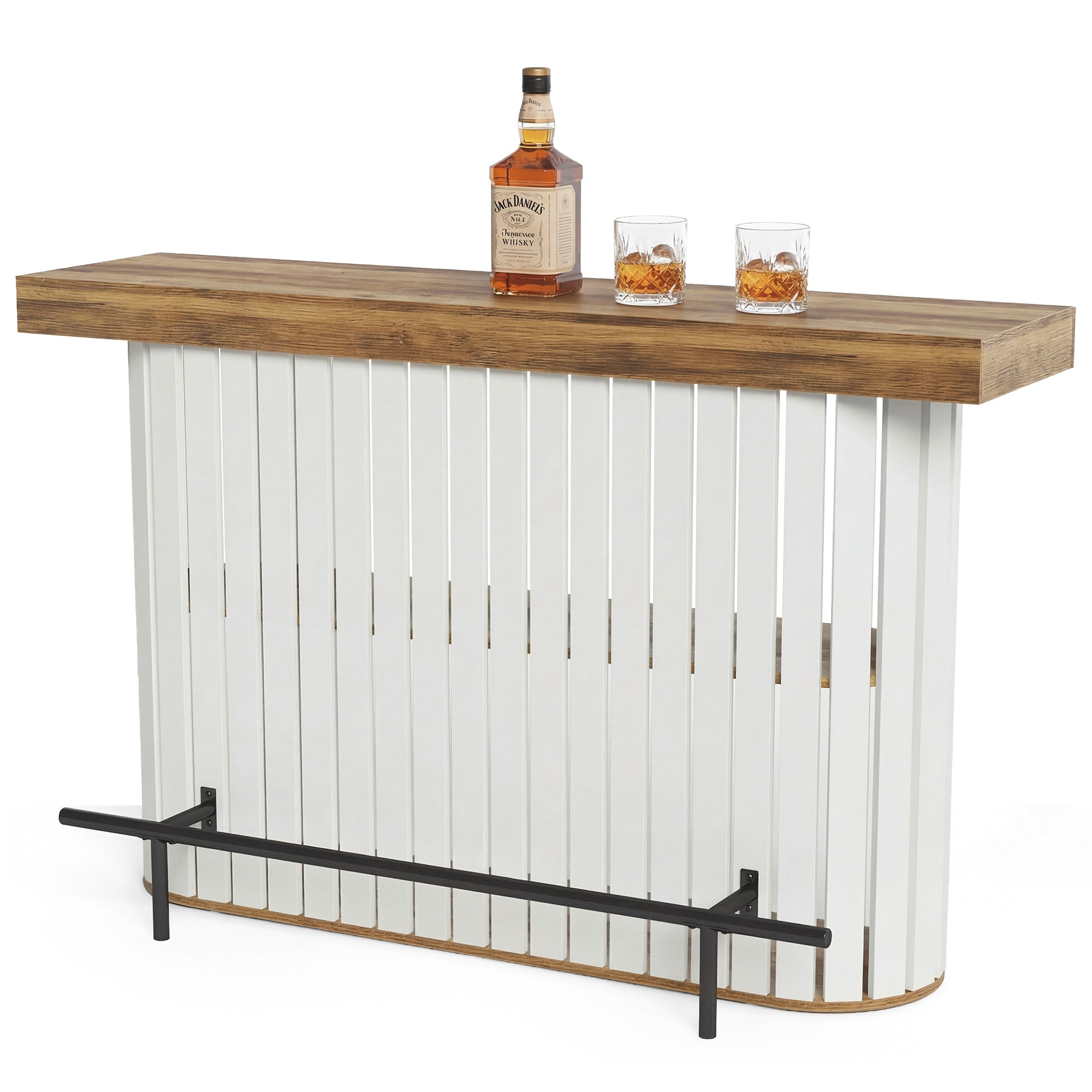 63" Counter Height Bar Table for 4-6, Modern Pub Table with 2-Tier Storage & Slatted Design