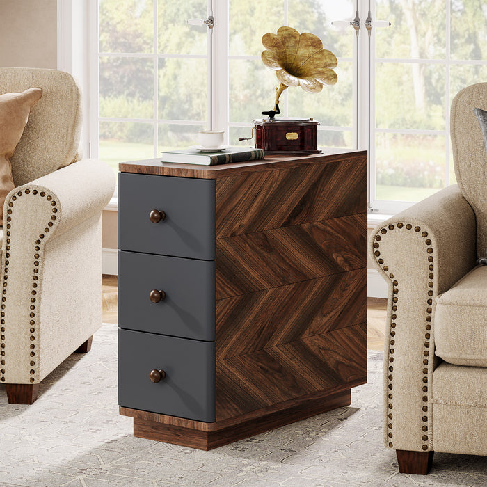 Wood End Table, 3-Drawer Narrow Side Table Storage Cabinet