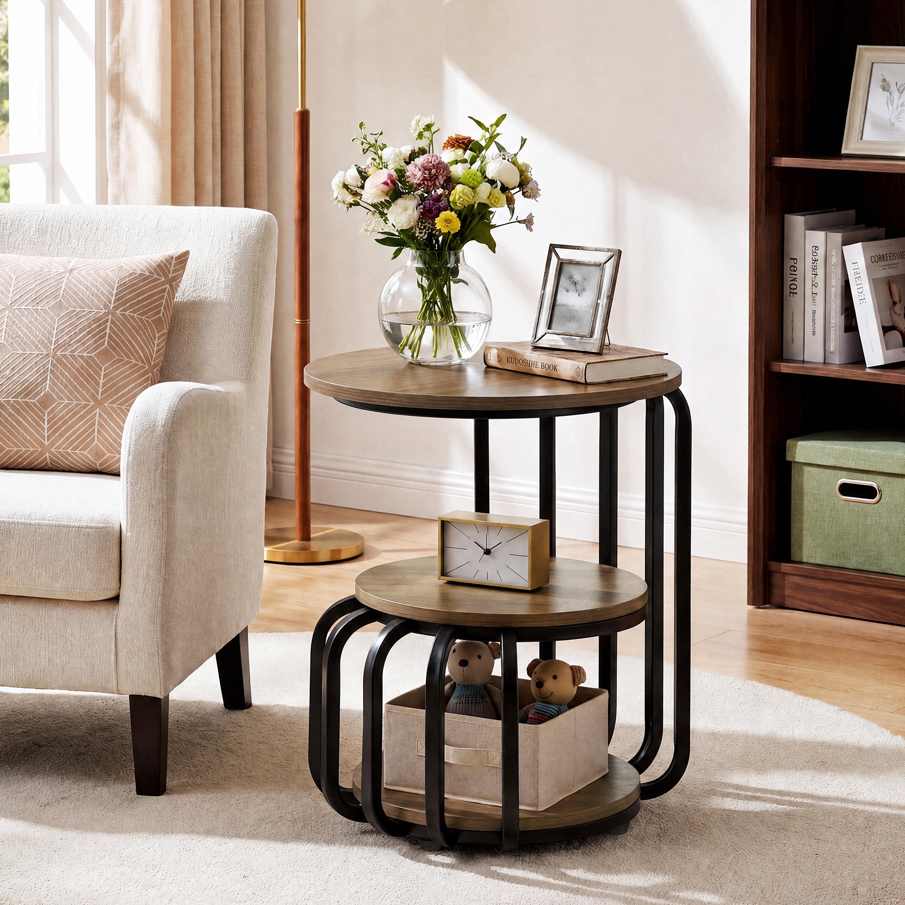 19.69" Round End Table, Industrial Side Table with 3-Tier Storage Shelves & Metal Frame