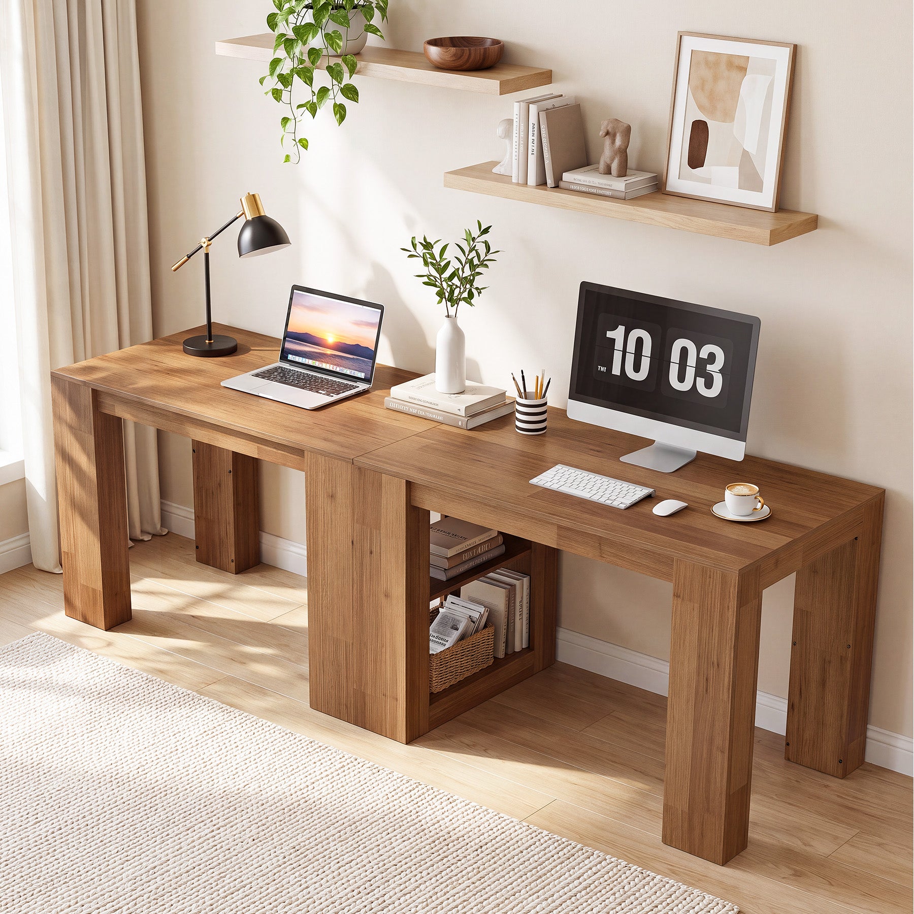 78.7" Two-Person Desk, Extra-Long Computer Desk with Shelves Fits 2 Monitors