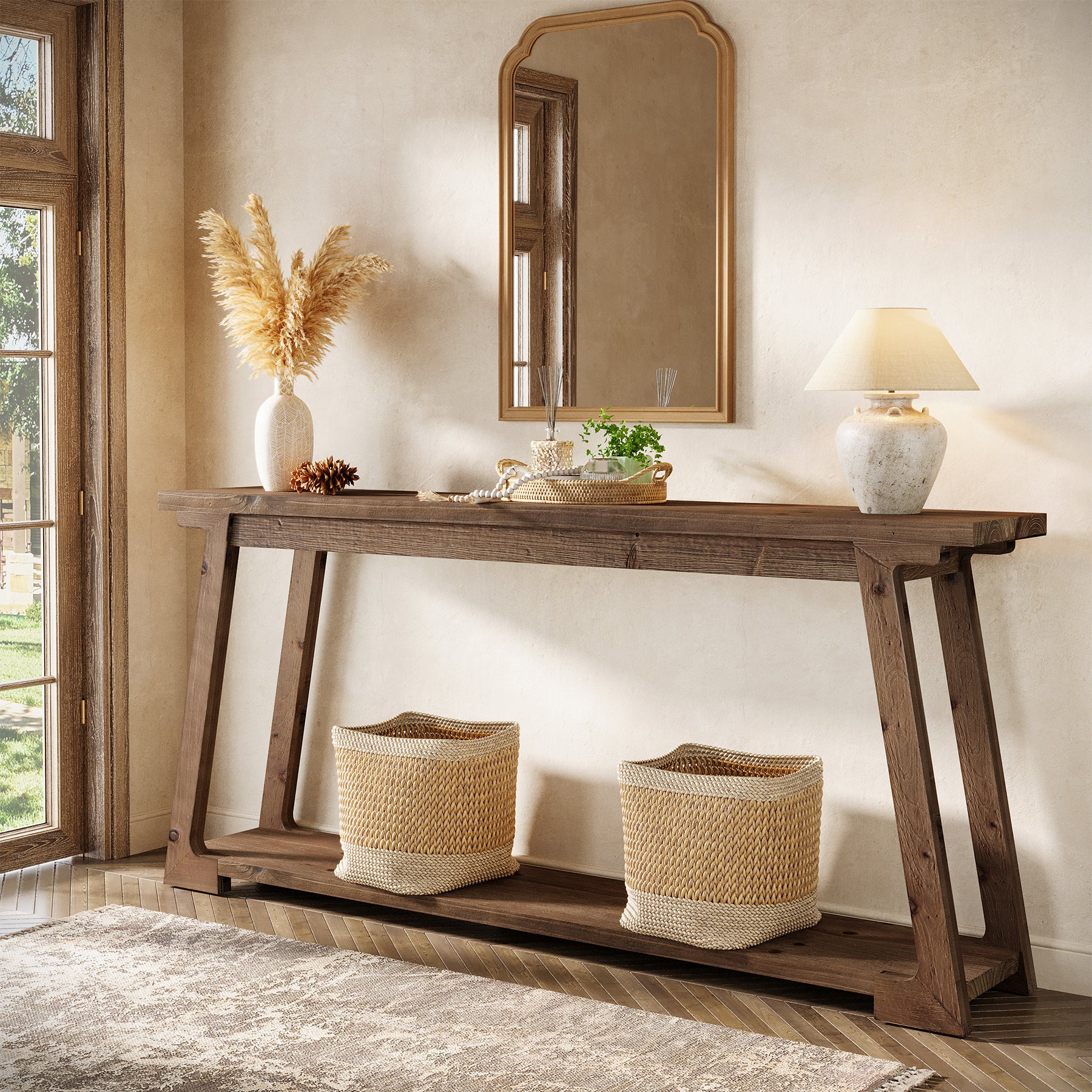 63" Console Table, Wood Sofa Table with 2-Tier Storage for Living Room