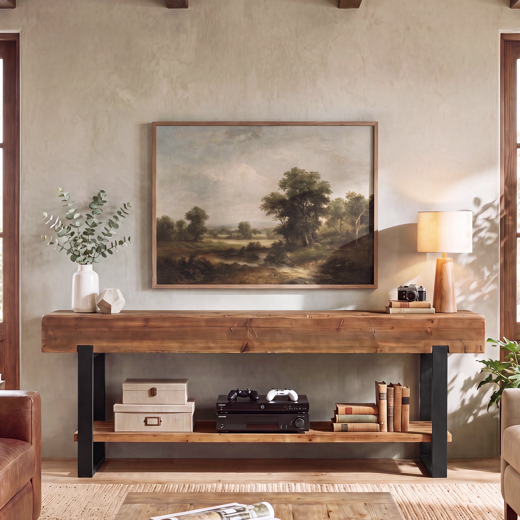 63" Solid Wood TV Stand for 55-75" TVs, 2-Tier Entertainment Center with Metal Frame