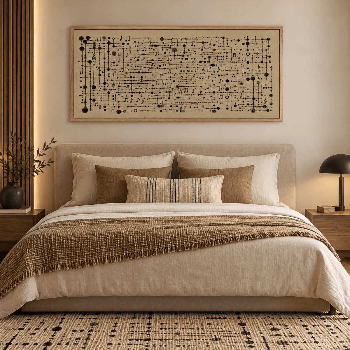 Large Modern Abstract Music Canvas, Neutral Minimalist Framed Wall Art