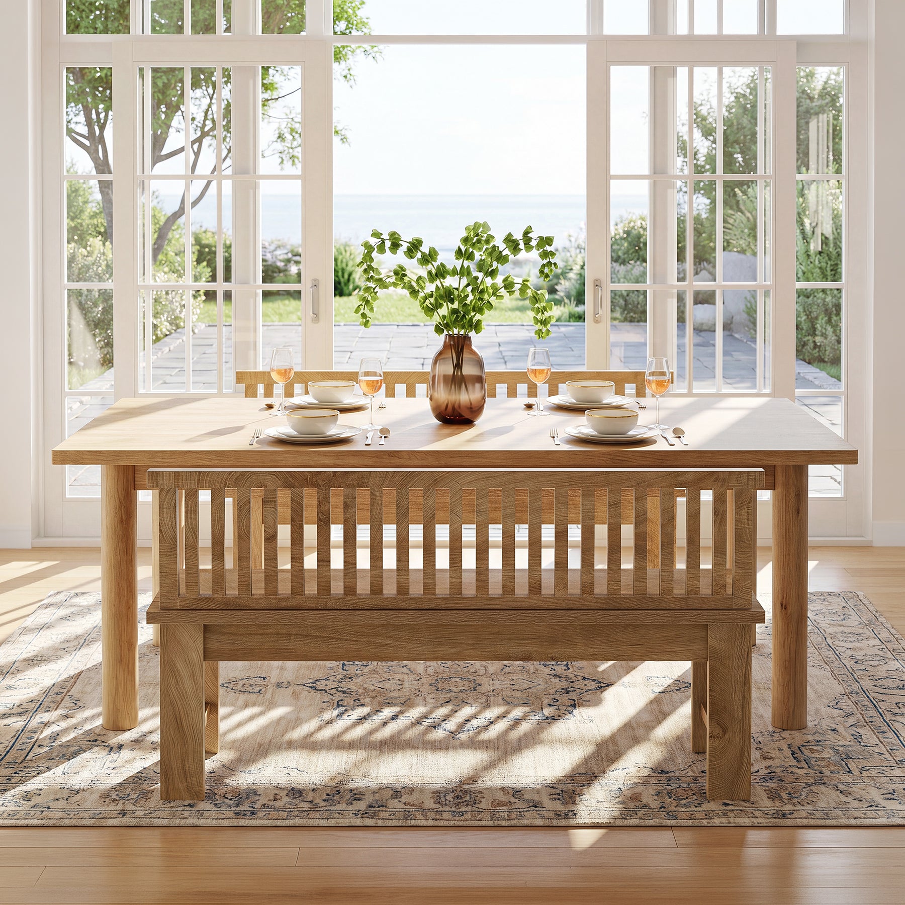 55" Farmhouse Dining Bench with Vertical Stripes Backrest for Kitchen, Dining Room