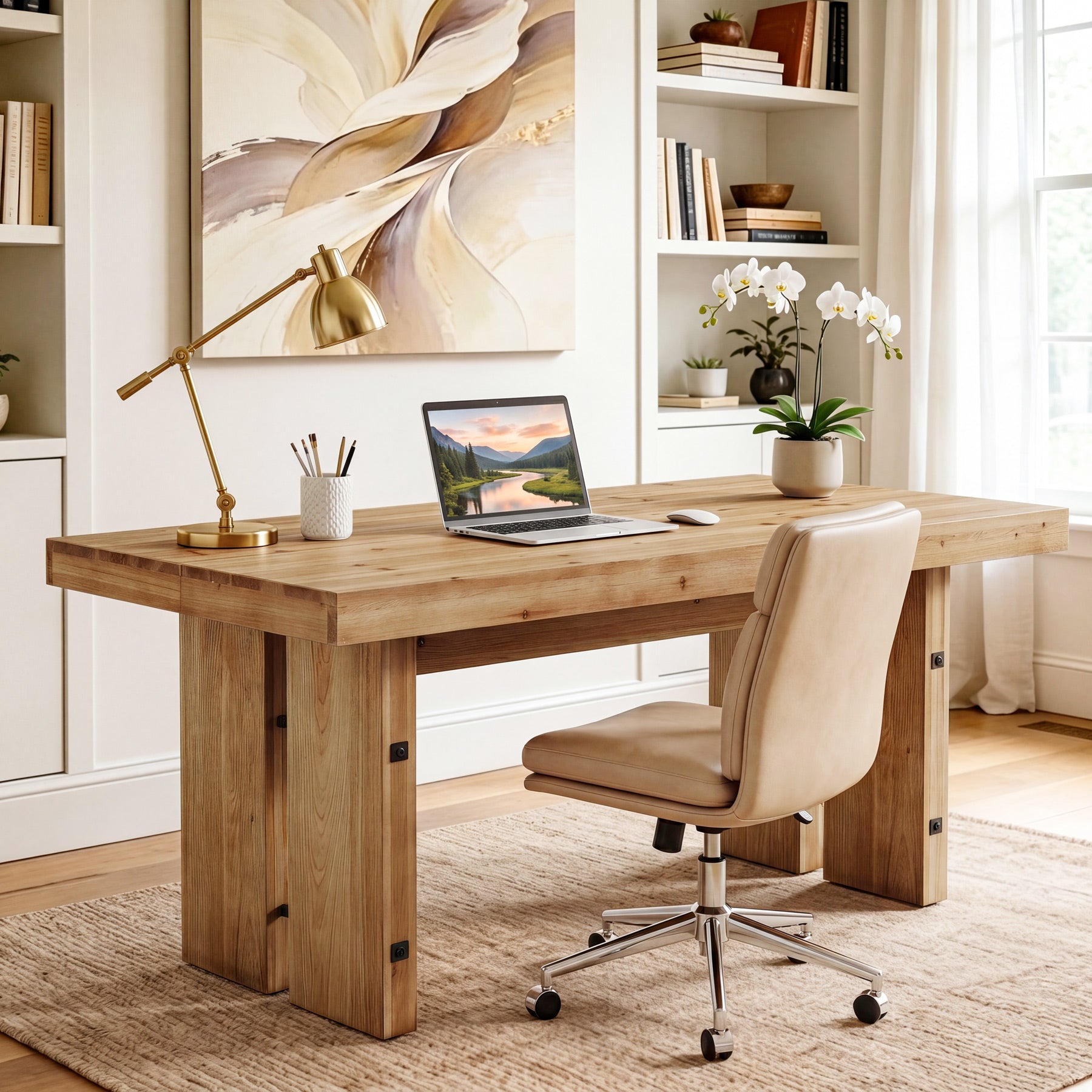 63" Solid Wood Executive Desk, Large Farmhouse Computer Desk with Sturdy Legs for Home Office