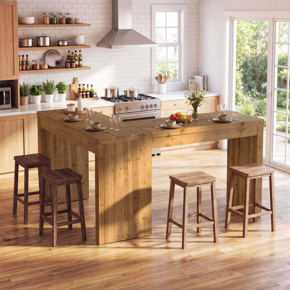 63" x 47" L-Shaped Solid Wood Bar Table, Counter Height with 2.4" Thick Panel Legs