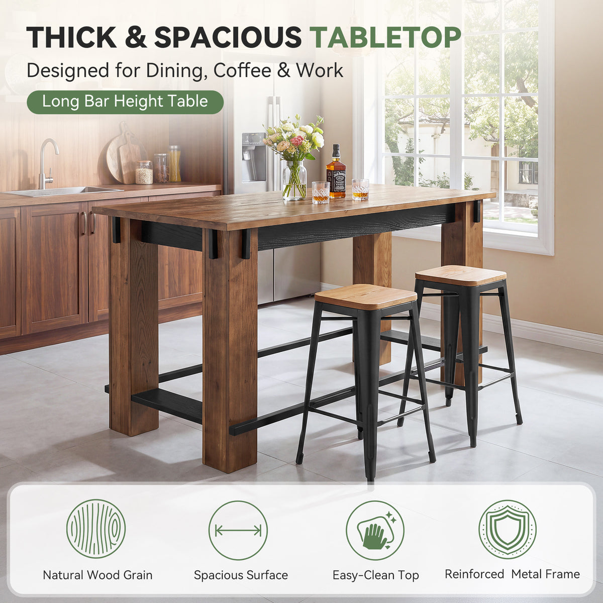 63" Farmhouse Solid Wood Bar Table, Metal Footrest, Counter Height Rectangle Pub Table