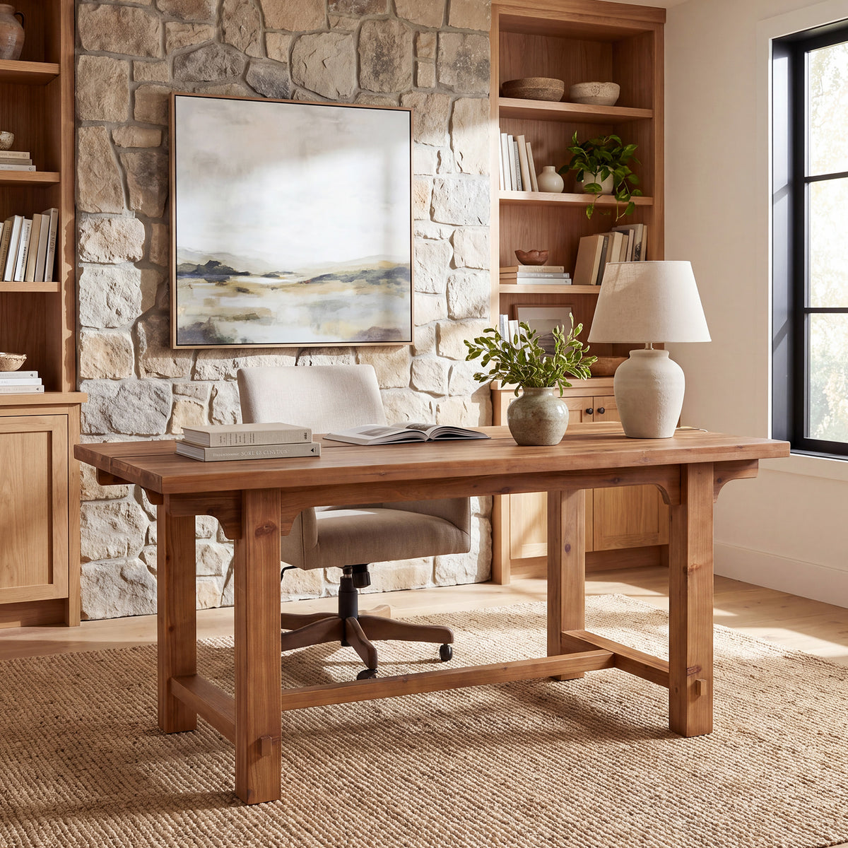 63" Solid Wood Executive Desk, Farmhouse Computer Desk with Thick Trestle Legs for Home Office