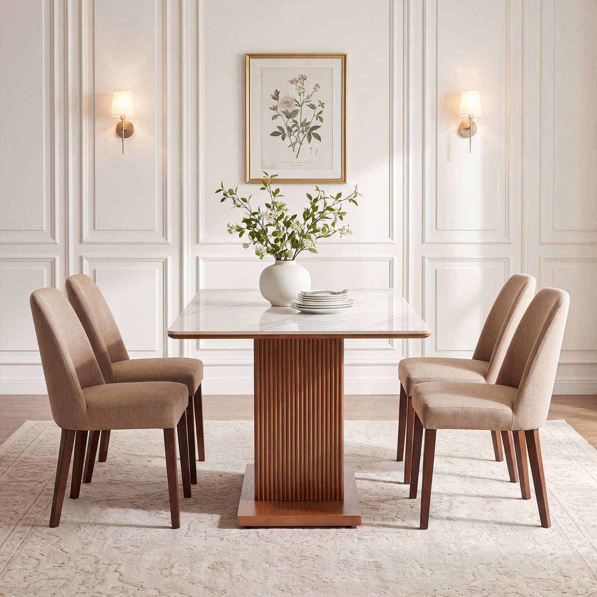 63" Sintered Stone Dining Table for 4-6, Fluted Pedestal Base, Rectangle