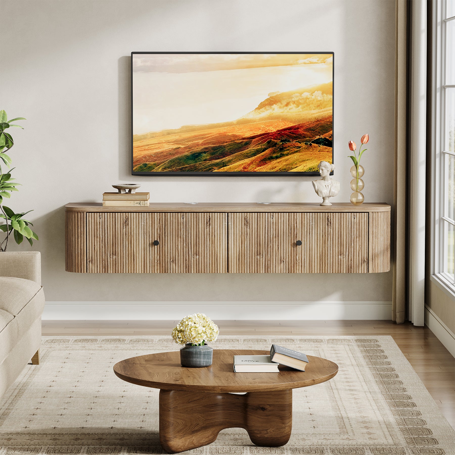 Floating TV Stand, 55" Wall Mounted Media Console with 2 Fluted Drawers