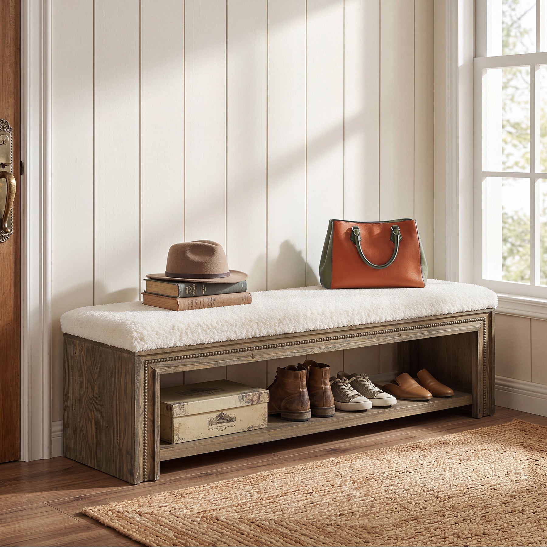 55" Solid Wood Entryway Bench, Upholstered Shoe Bench with Storage Shelf for Hallway
