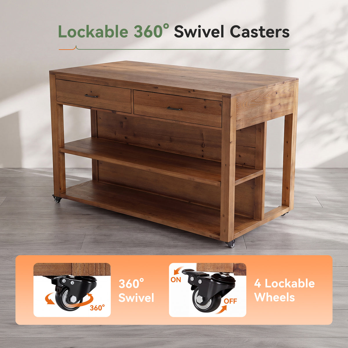 55" Rolling Kitchen Island, Solid Wood with 4 Drawers, Seating Space & Lockable Casters