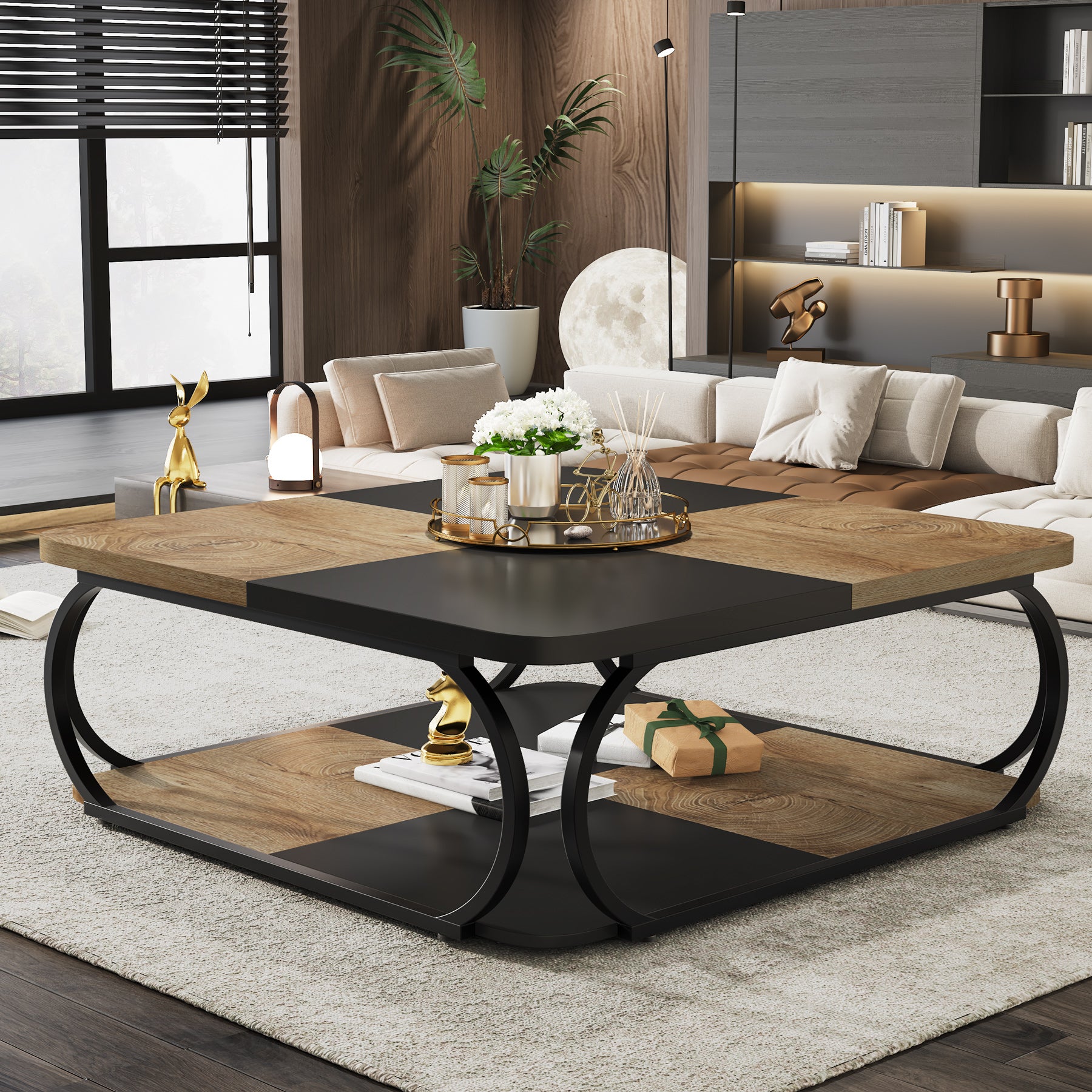 Square Coffee Table, 39" Central Cocktail Table with 2-Tier Shelves