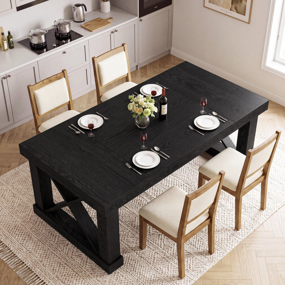 63" Farmhouse Dining Table for 4-6 People, Rectangular Wood Kitchen Table with Heavy-Duty X Legs