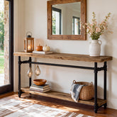 63" Solid Wood Console Table, Narrow Entryway Table with 2-Tier Storage & Metal Pipe Frame 3