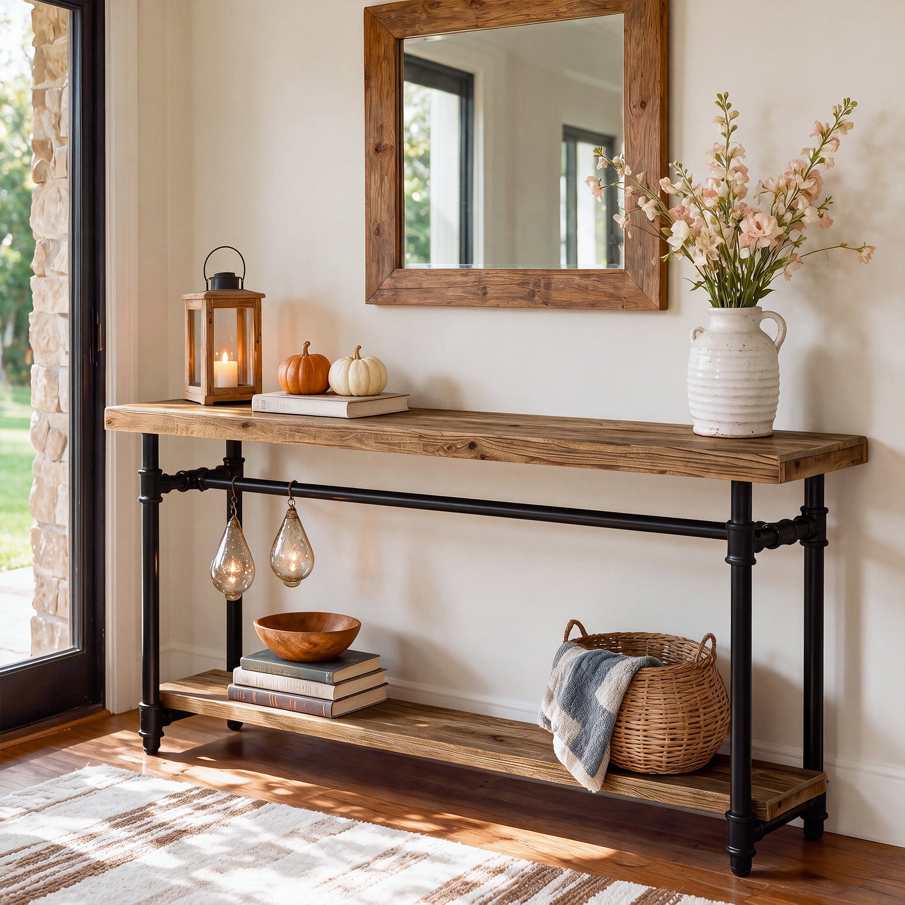 63" Solid Wood Console Table, Narrow Entryway Table with 2-Tier Storage & Metal Pipe Frame