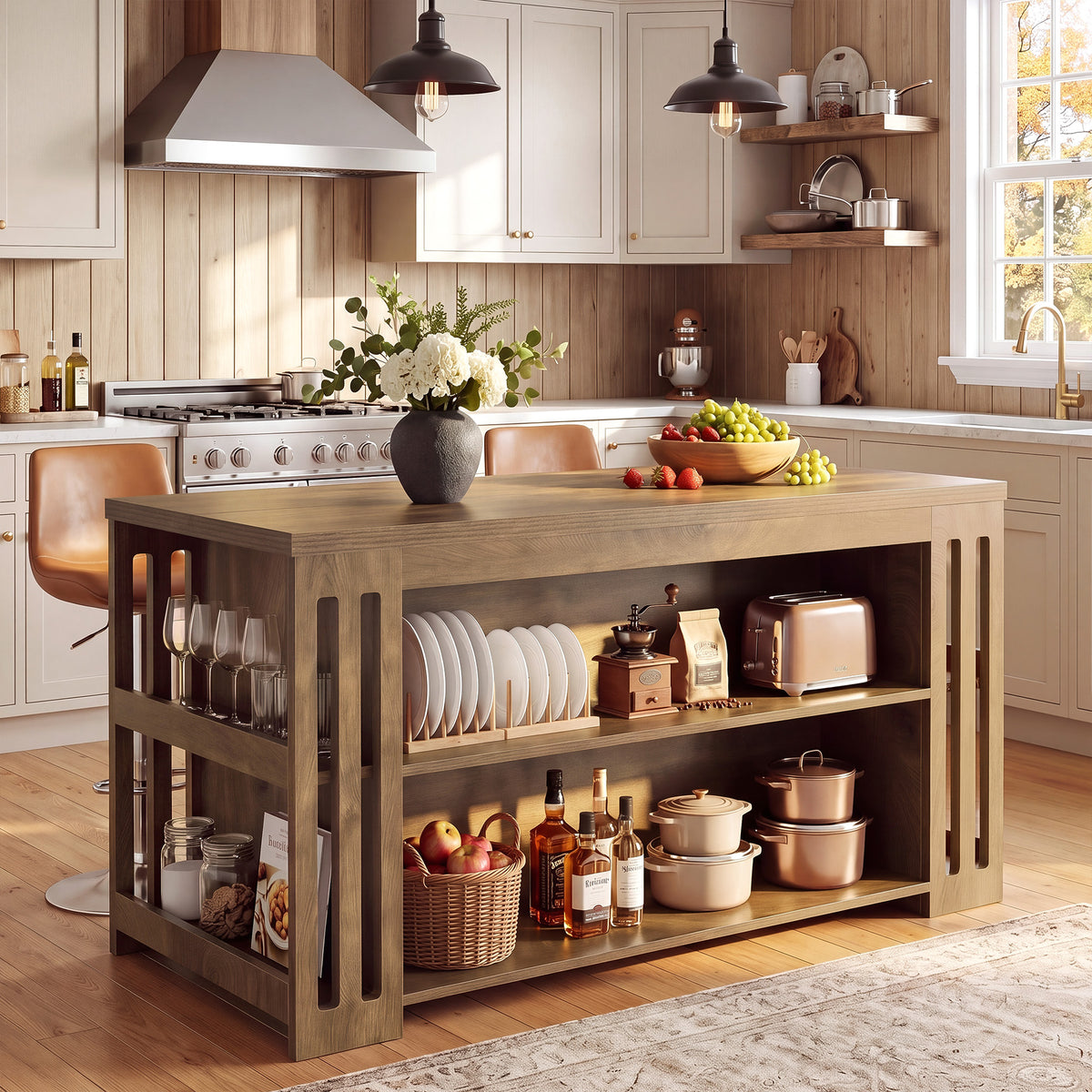 63" Farmhouse Kitchen Island with Storage Shelves, Counter Height Island Table