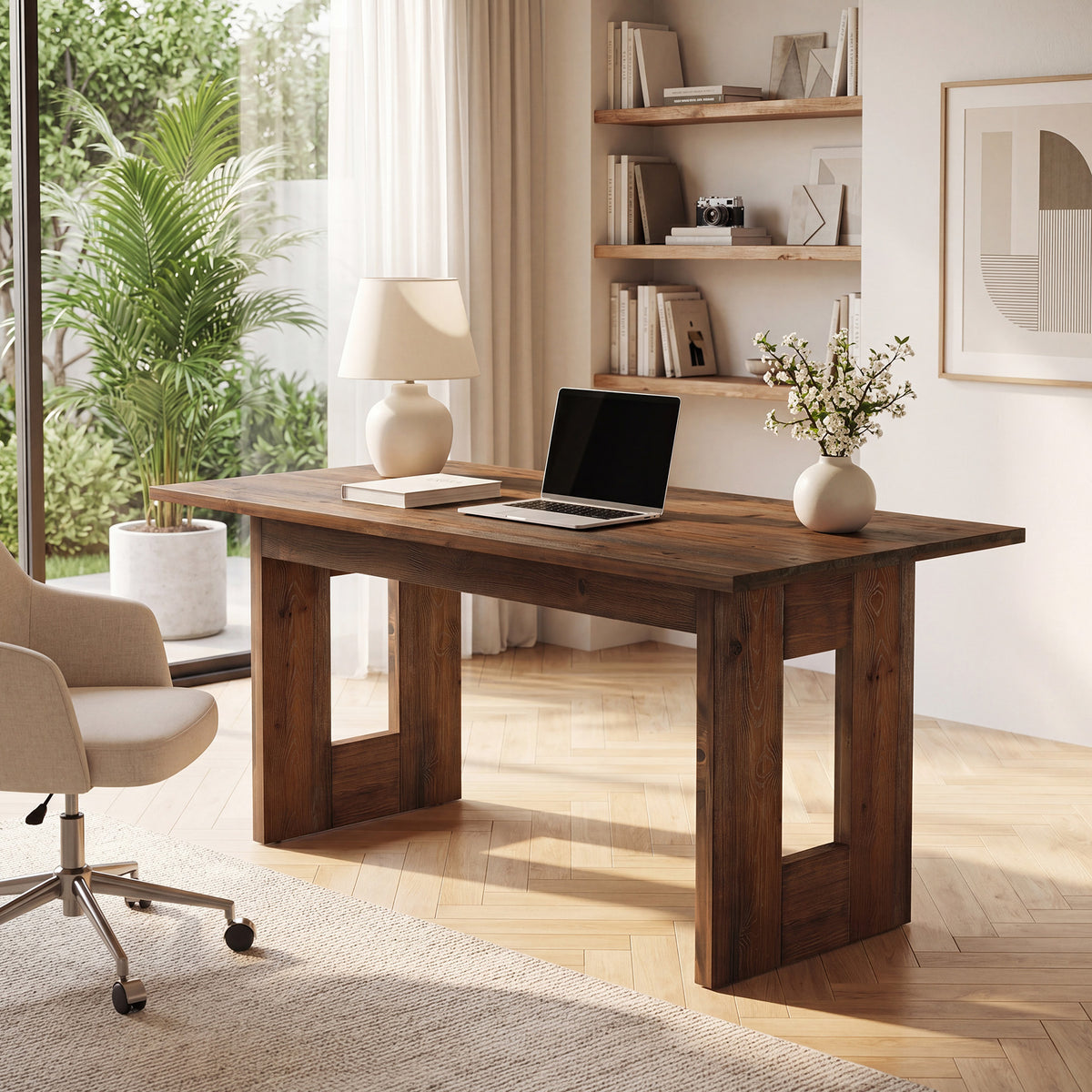 63" Rustic Solid Wood Computer Desk, Heavy Duty Writing Desk, Home Office Workstation