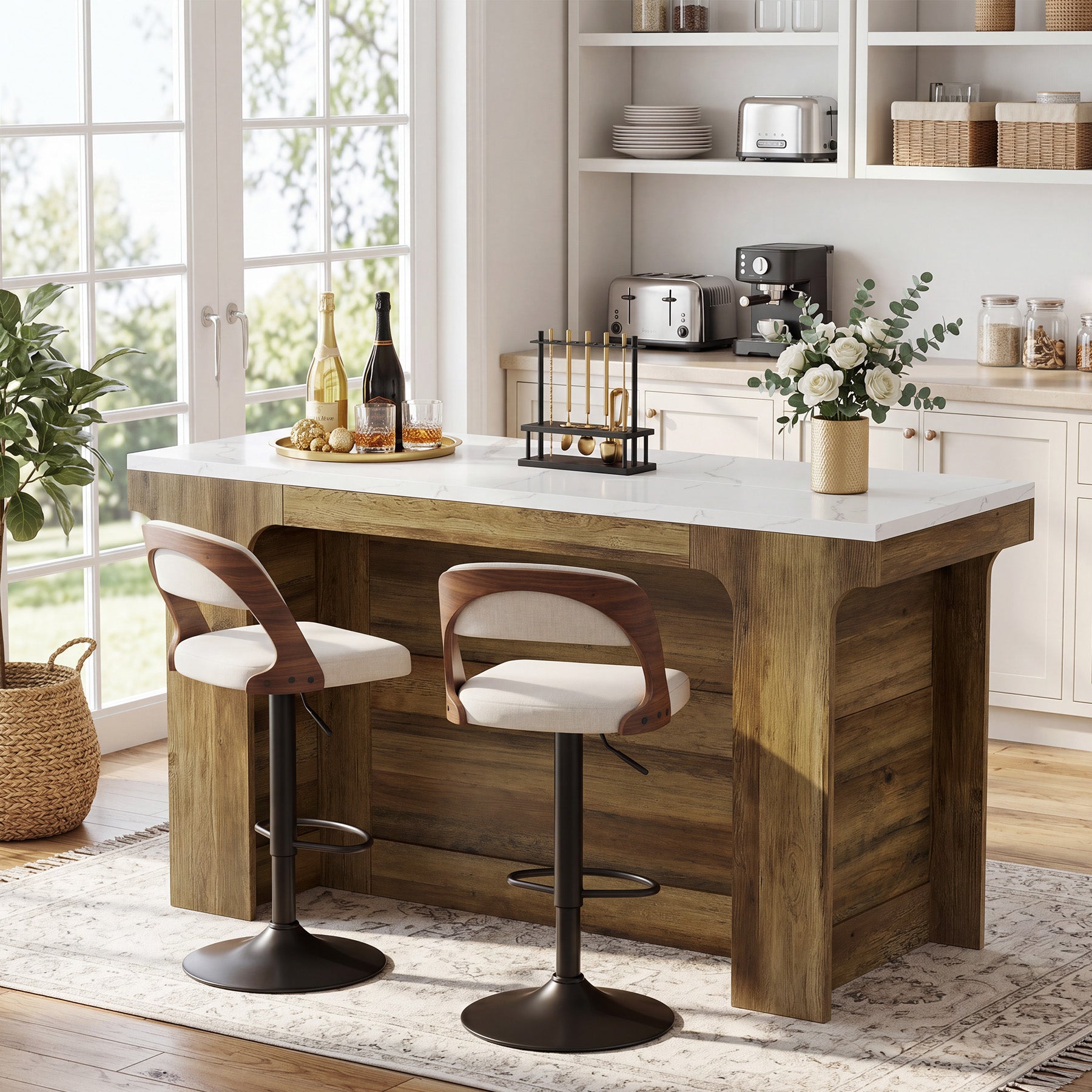 59'' Bar Table, Modern Counter Height Table with Faux Marble Top for Kitchen, Bistro