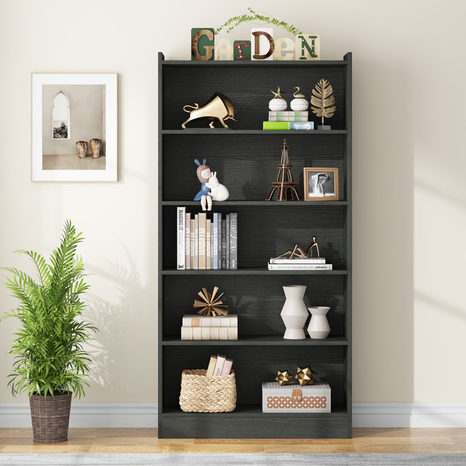 72" Tall Bookcase with 6 Open Shelves, Freestanding Wood Bookshelf