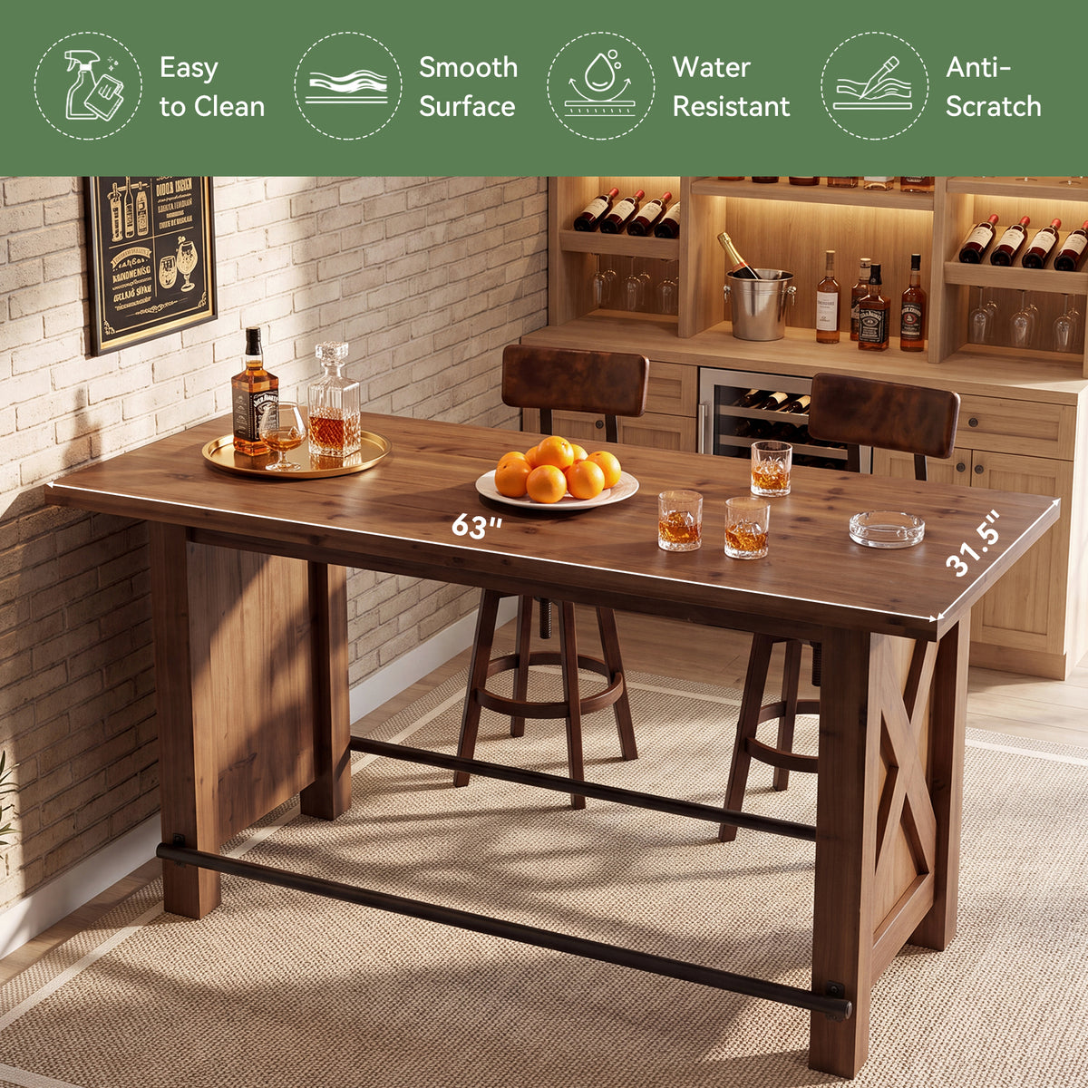 63" Farmhouse Solid Wood Kitchen Island with Metal Footrest, Counter Height Table