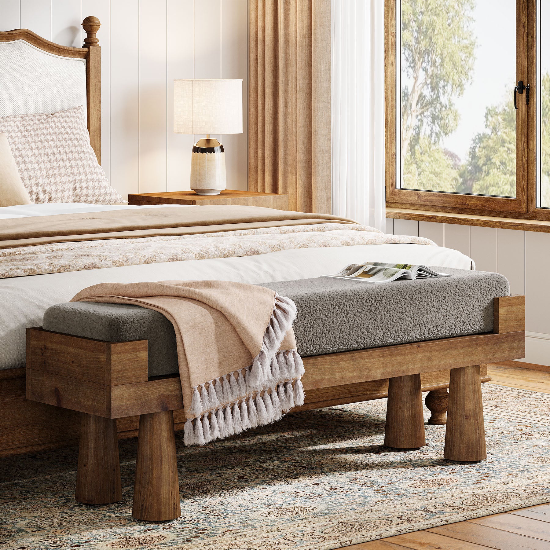 Upholstered Entryway Bench, Shoe Bench End of Bed Footstool with Solid Wood Legs